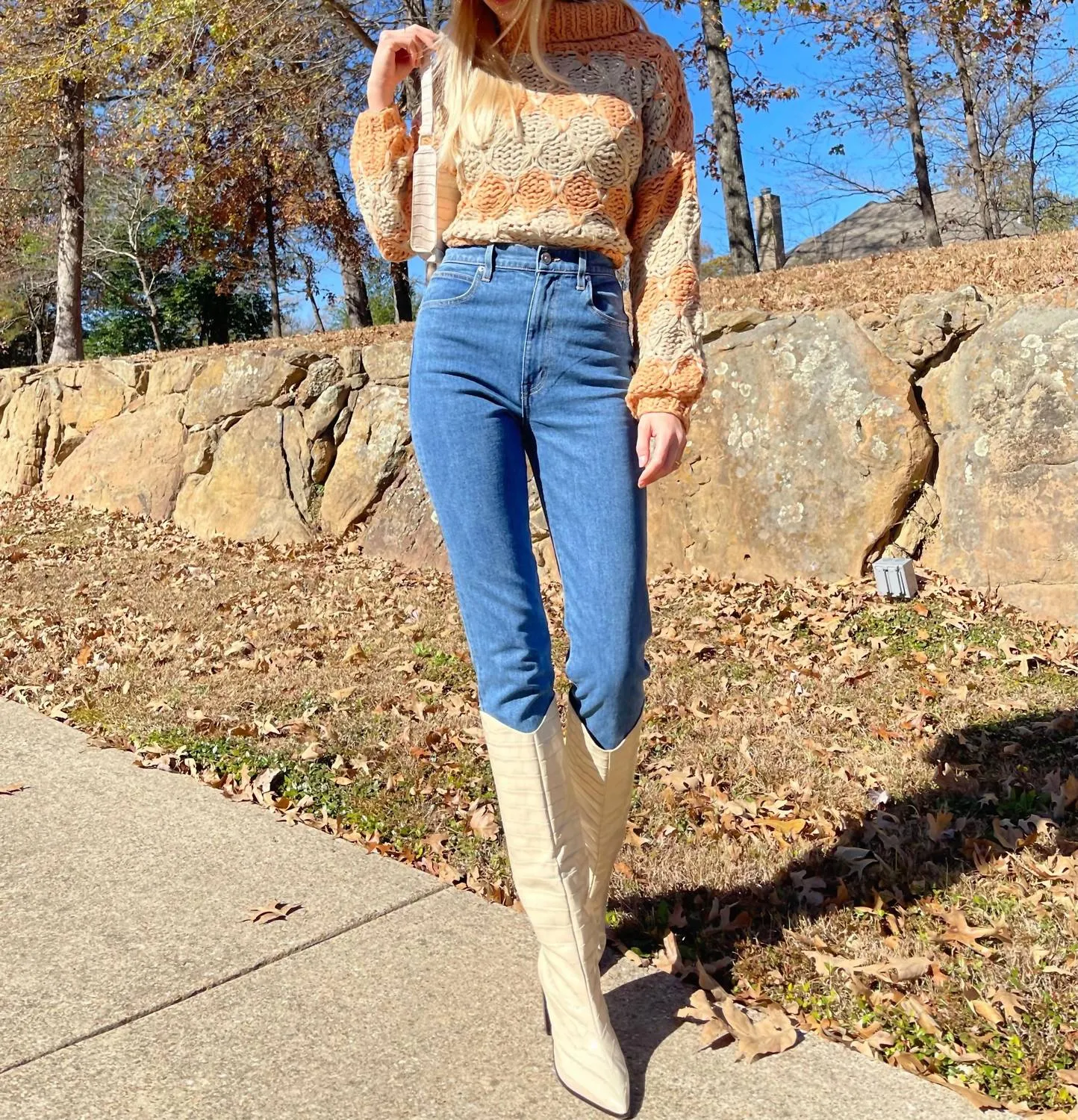 Open-Knit Chunky Turtleneck Sweater In Beige Papaya Stripe