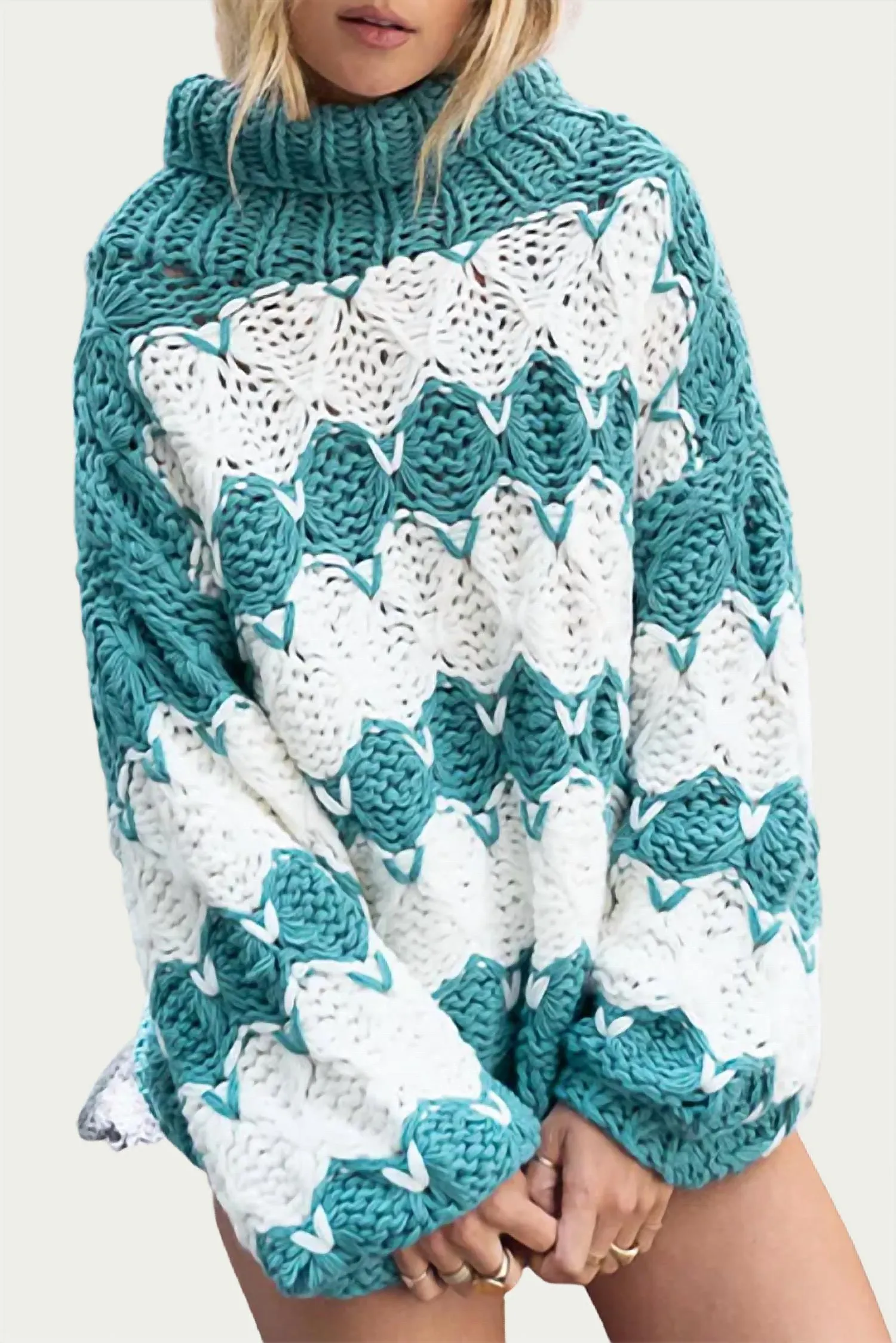 Open-Knit Chunky Turtleneck Sweater In Ivory Teal Stripe