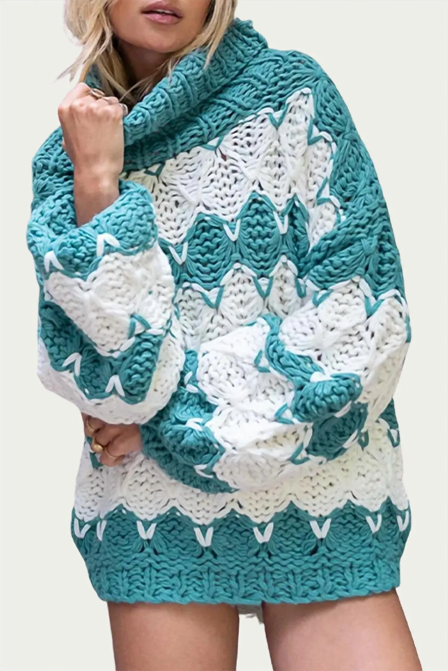 Open-Knit Chunky Turtleneck Sweater In Ivory Teal Stripe