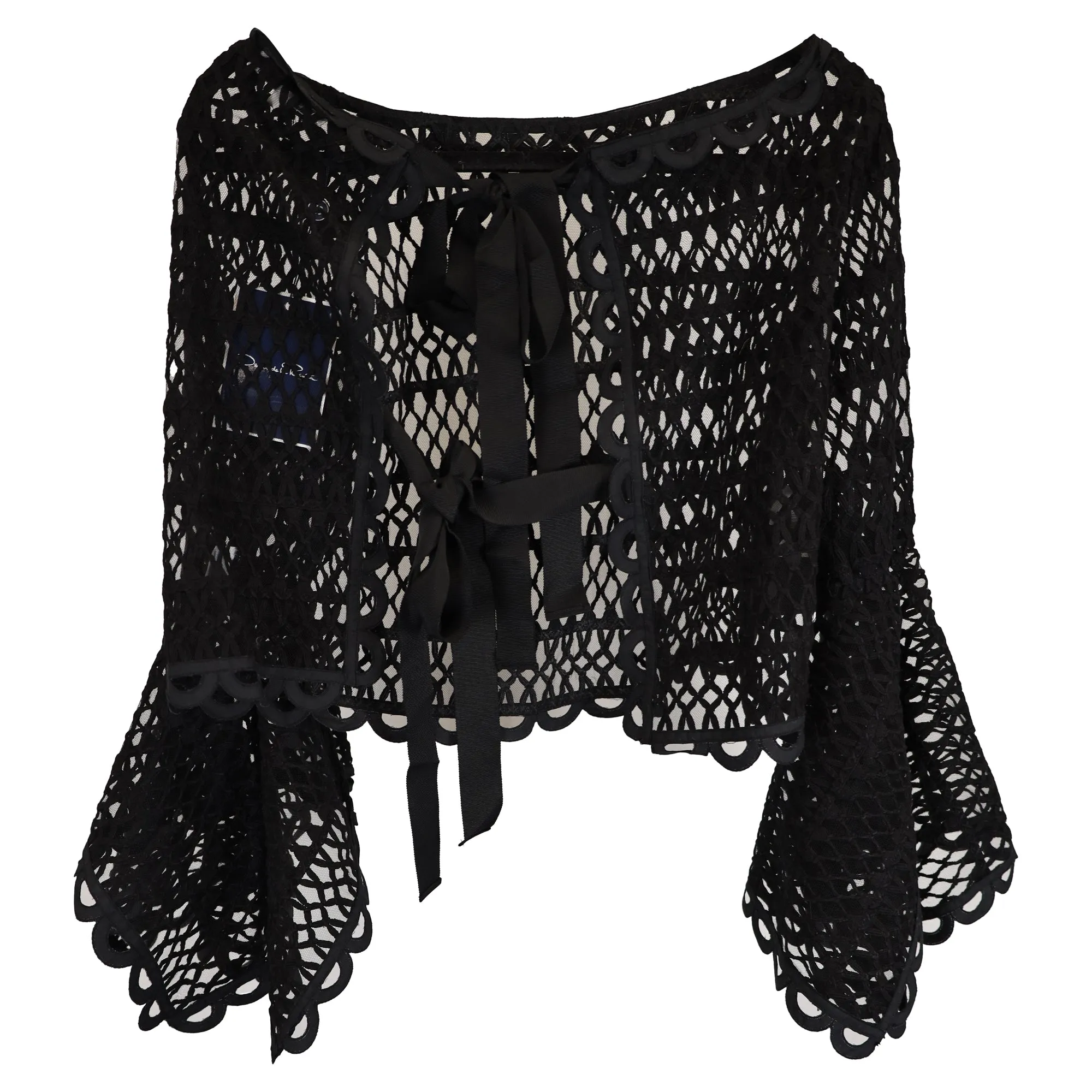 Oscar de la Renta Caraco Bow-Embellished Guipure Lace Top In Black Cotton