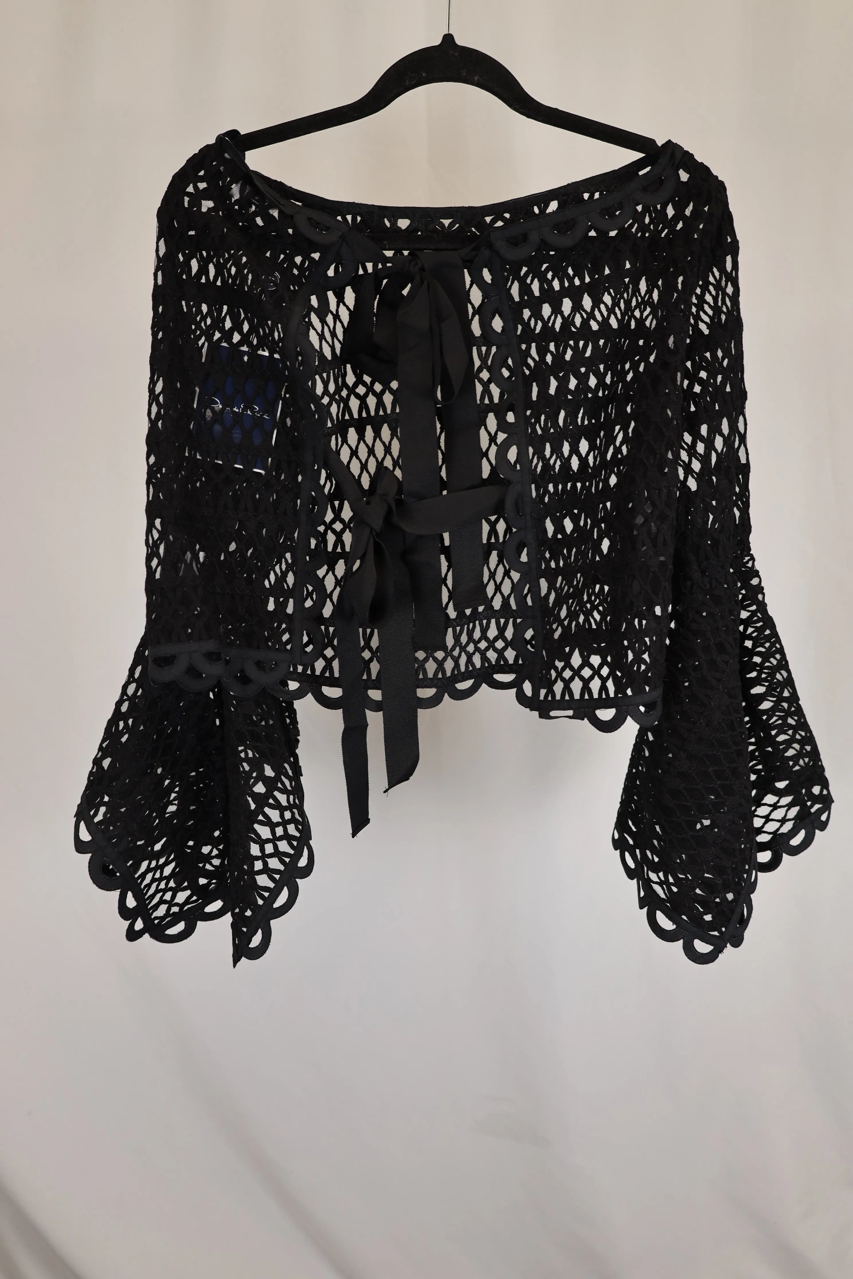 Oscar de la Renta Caraco Bow-Embellished Guipure Lace Top In Black Cotton