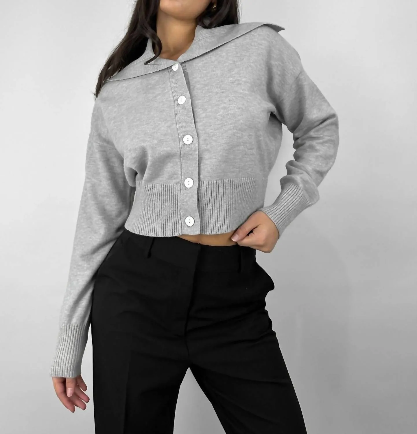Oversized Collar Button Down Cardigan In Grey