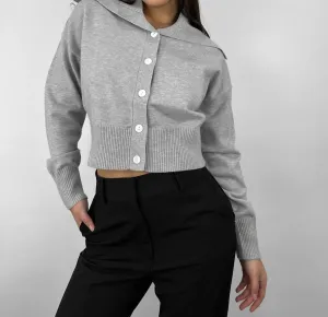 Oversized Collar Button Down Cardigan In Grey