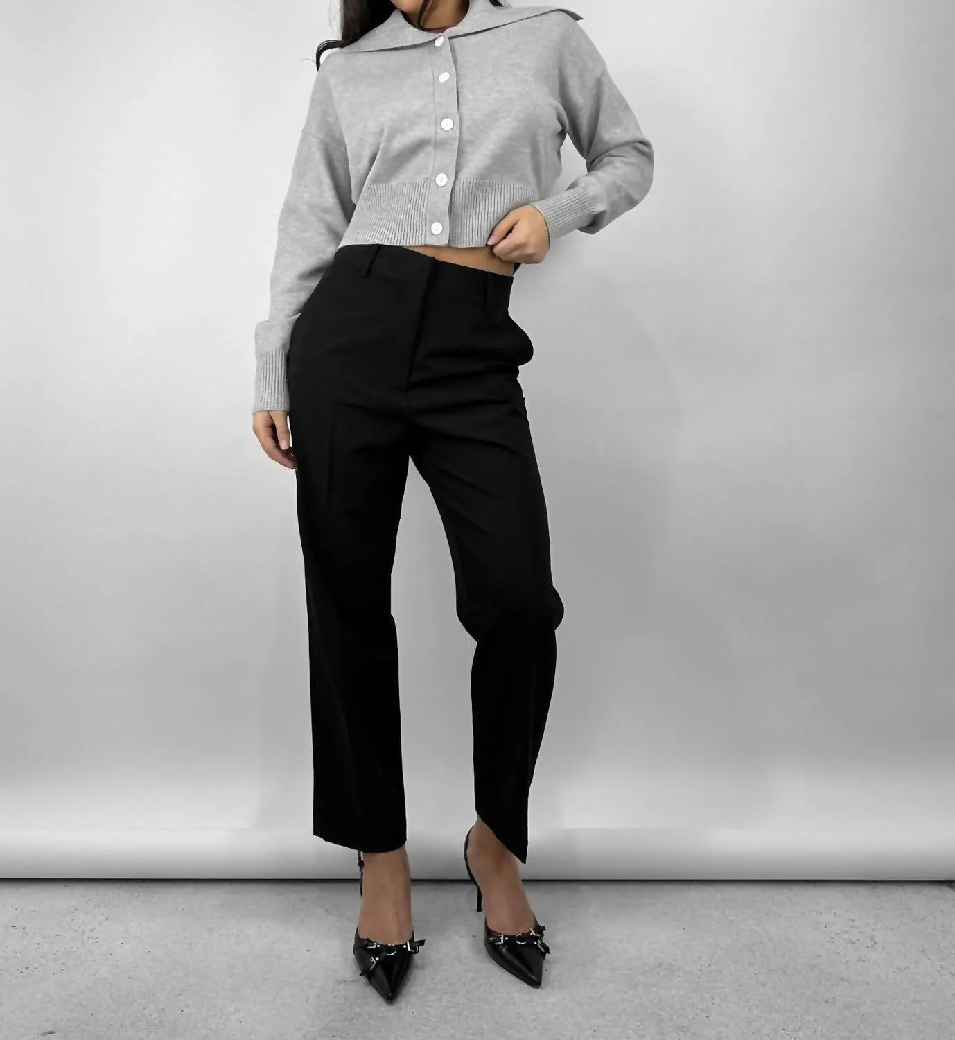 Oversized Collar Button Down Cardigan In Grey