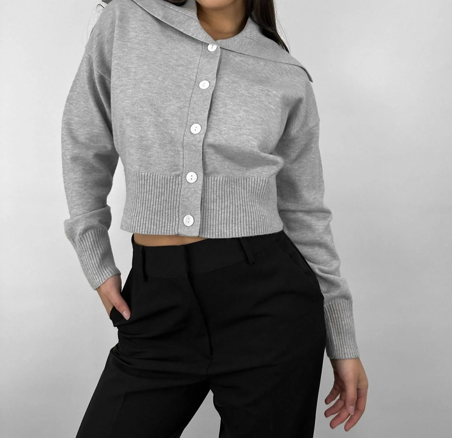 Oversized Collar Button Down Cardigan In Grey