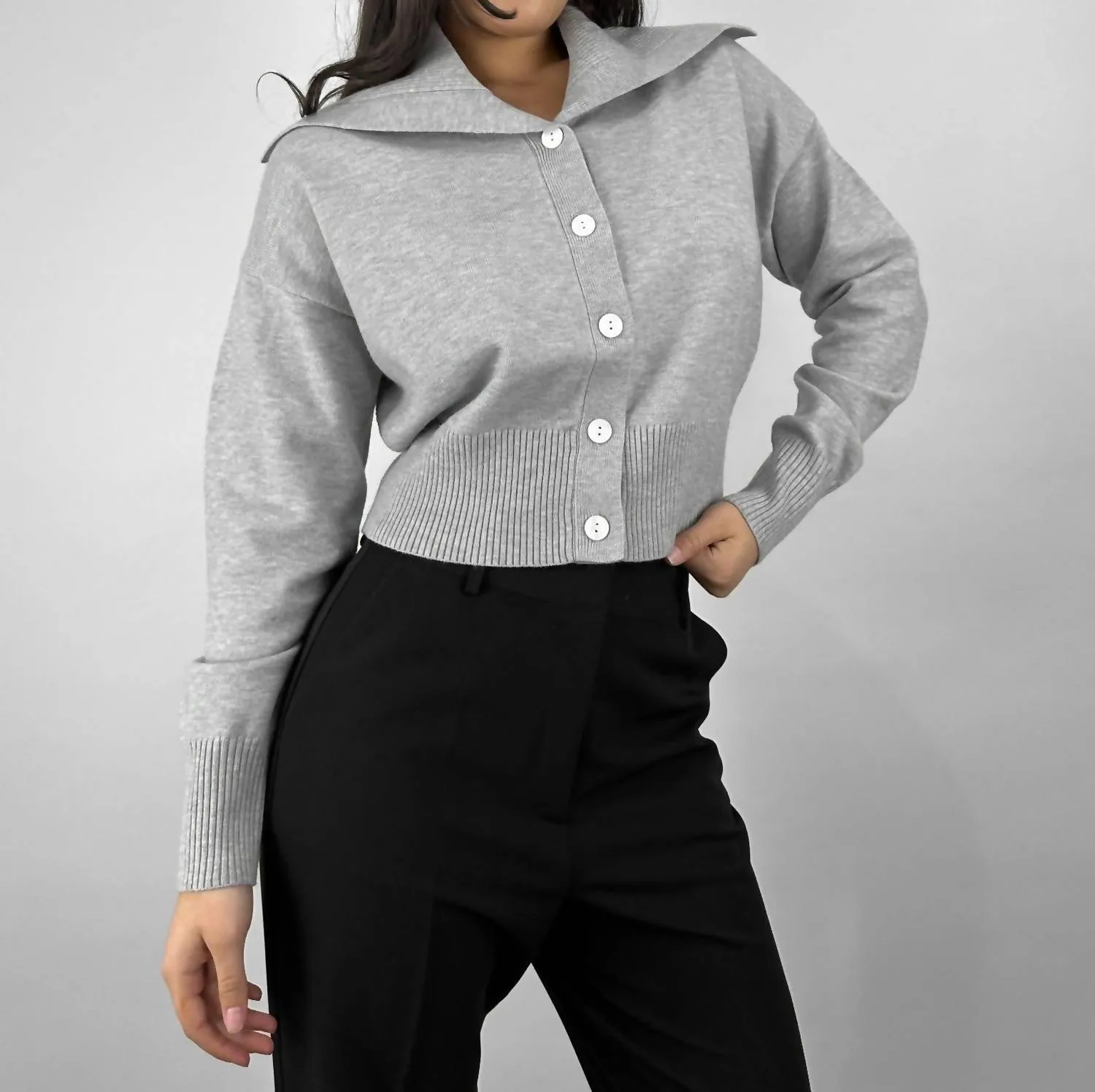 Oversized Collar Button Down Cardigan In Grey
