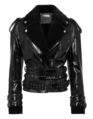 Oversized Shearling &amp; Patent Leather Jacket