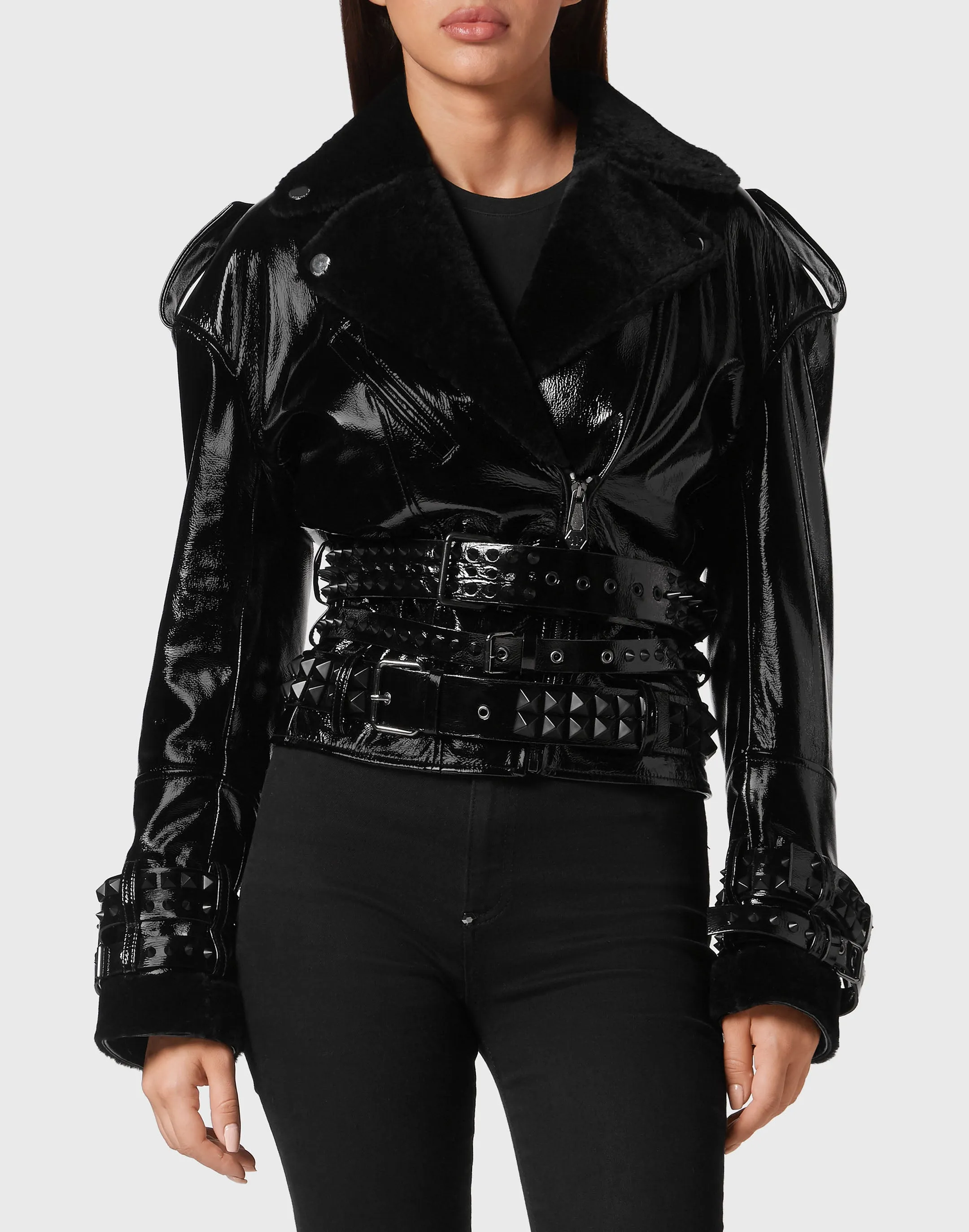 Oversized Shearling &amp; Patent Leather Jacket