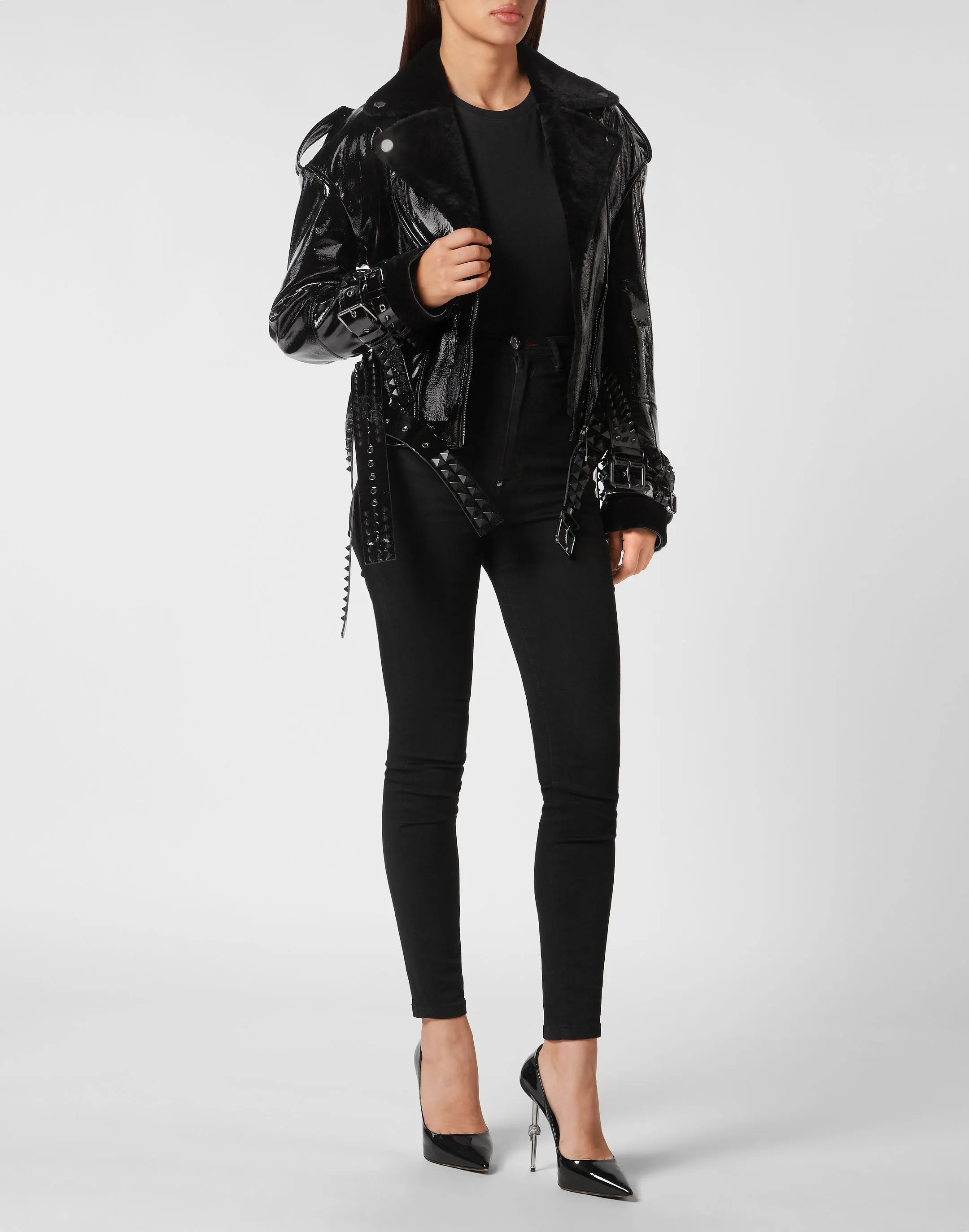 Oversized Shearling &amp; Patent Leather Jacket