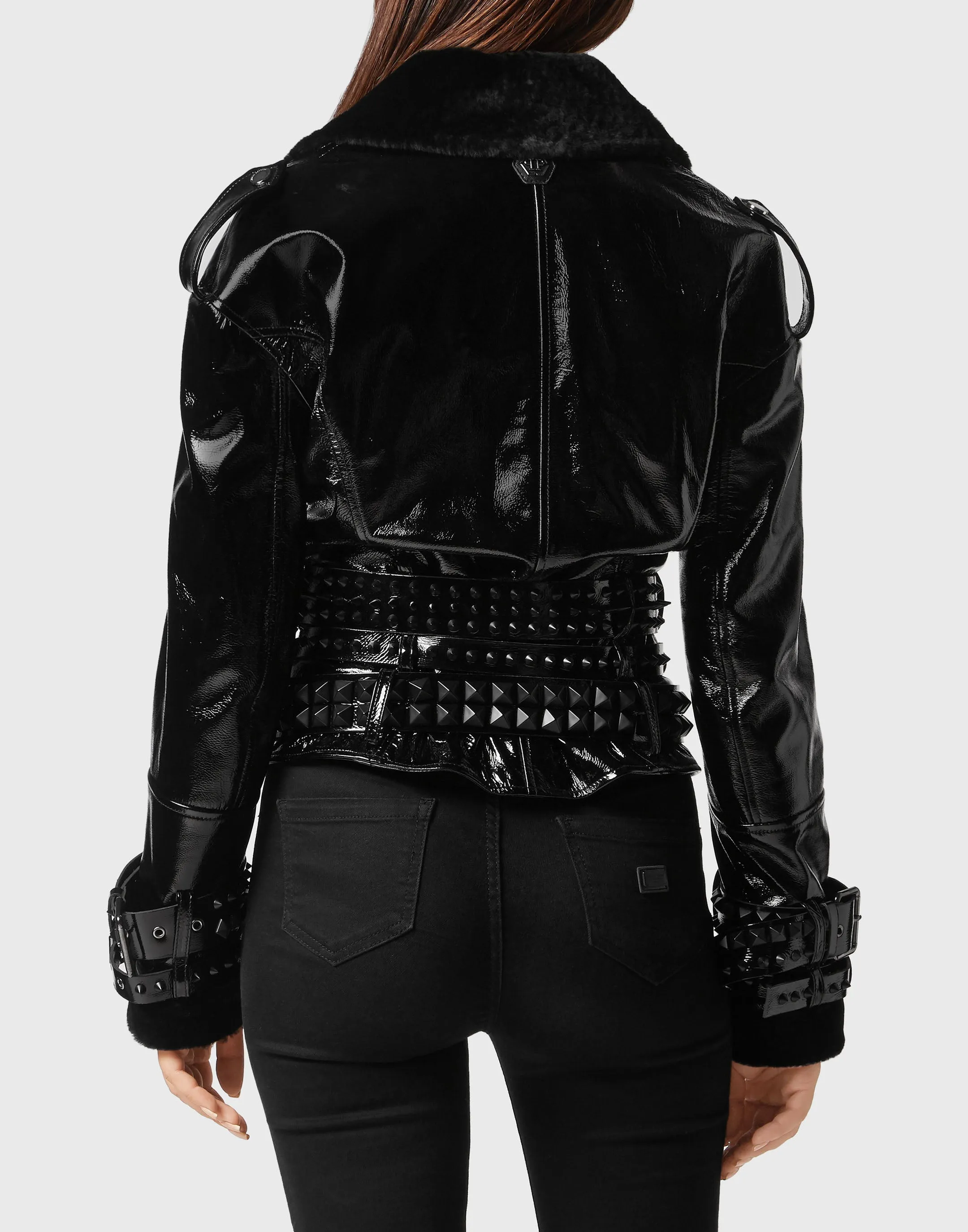 Oversized Shearling &amp; Patent Leather Jacket