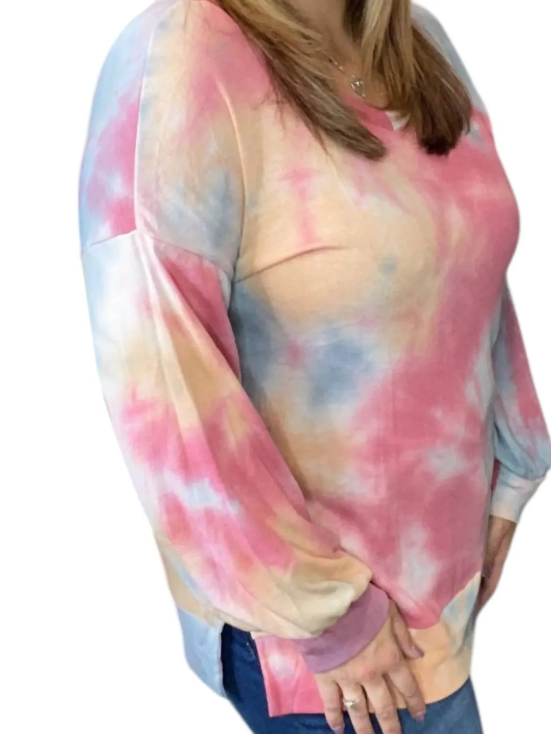 Pastel French Terry V-Neck Sweater In Pink Multi