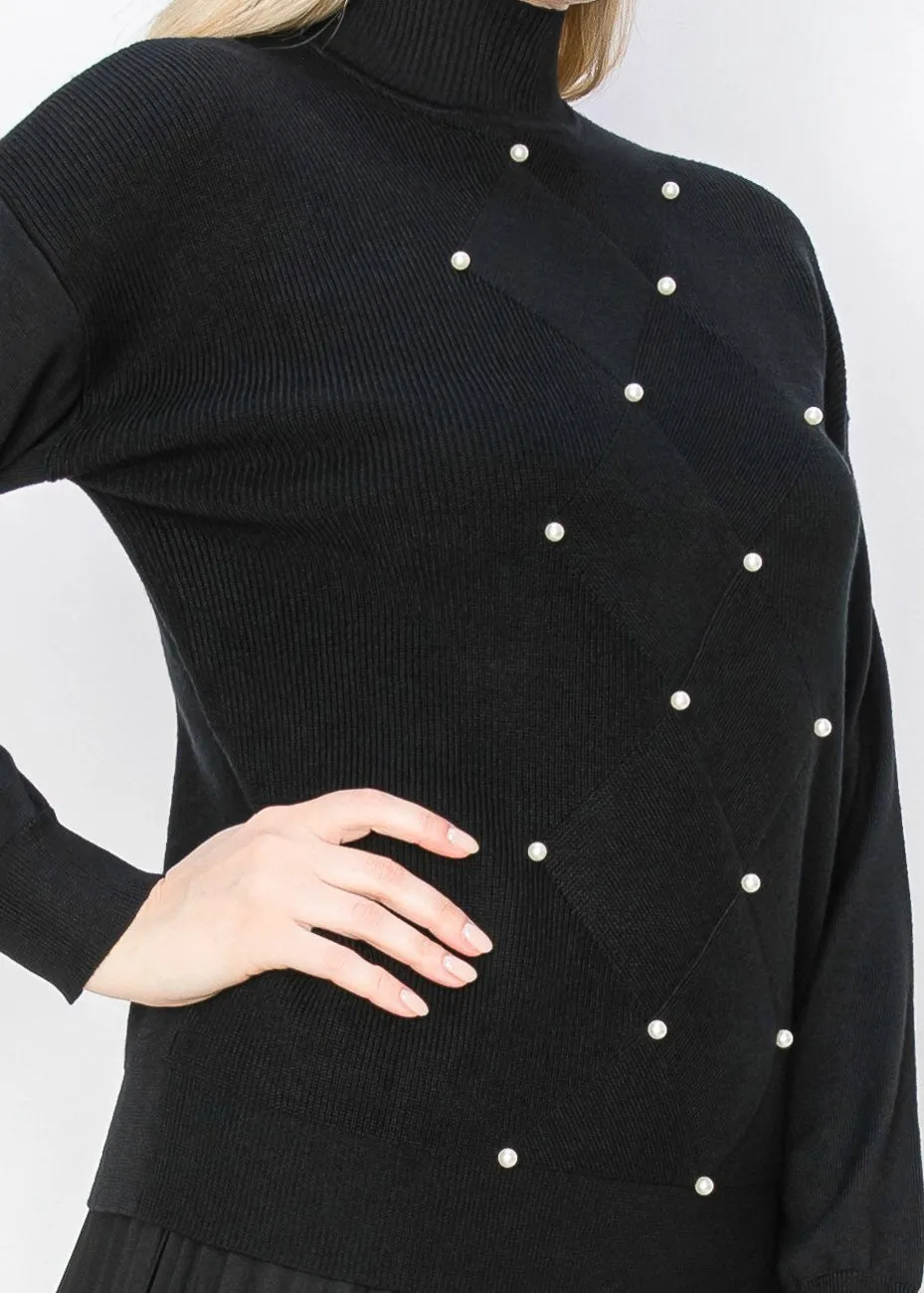 Pearl Accent Black Knit Sweater
