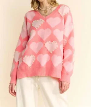 Pearly Heart Sweater In Pink