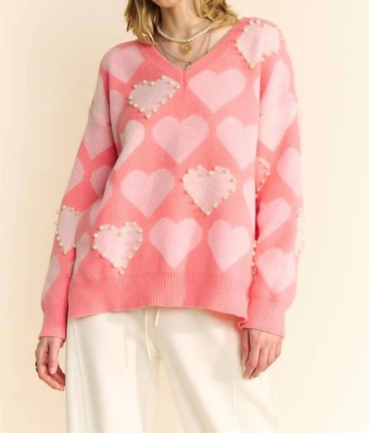 Pearly Heart Sweater In Pink