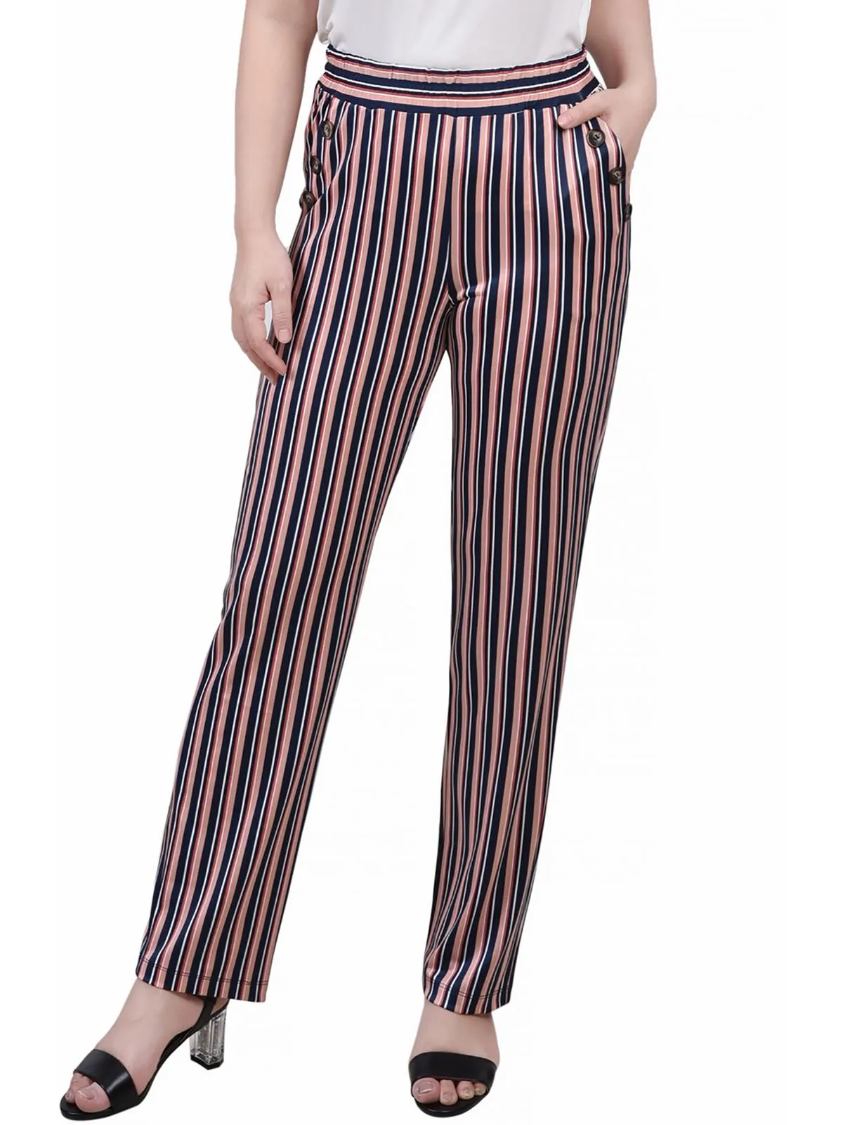Petites Womens High Rise Embellished Straight Leg Pants