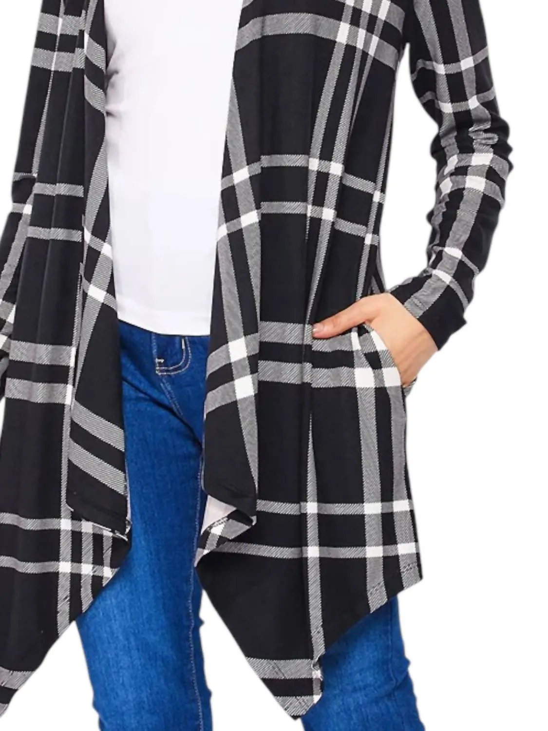 Plaid Asymmetical Hem Cardigan In Black/white