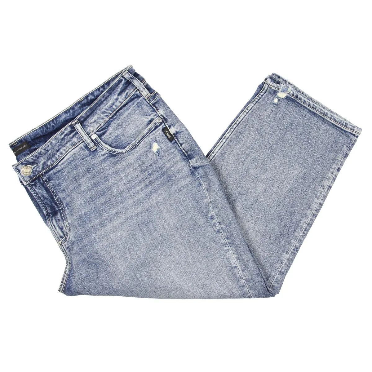 Plus Womens Mid-Rise Distressed Capri Jeans