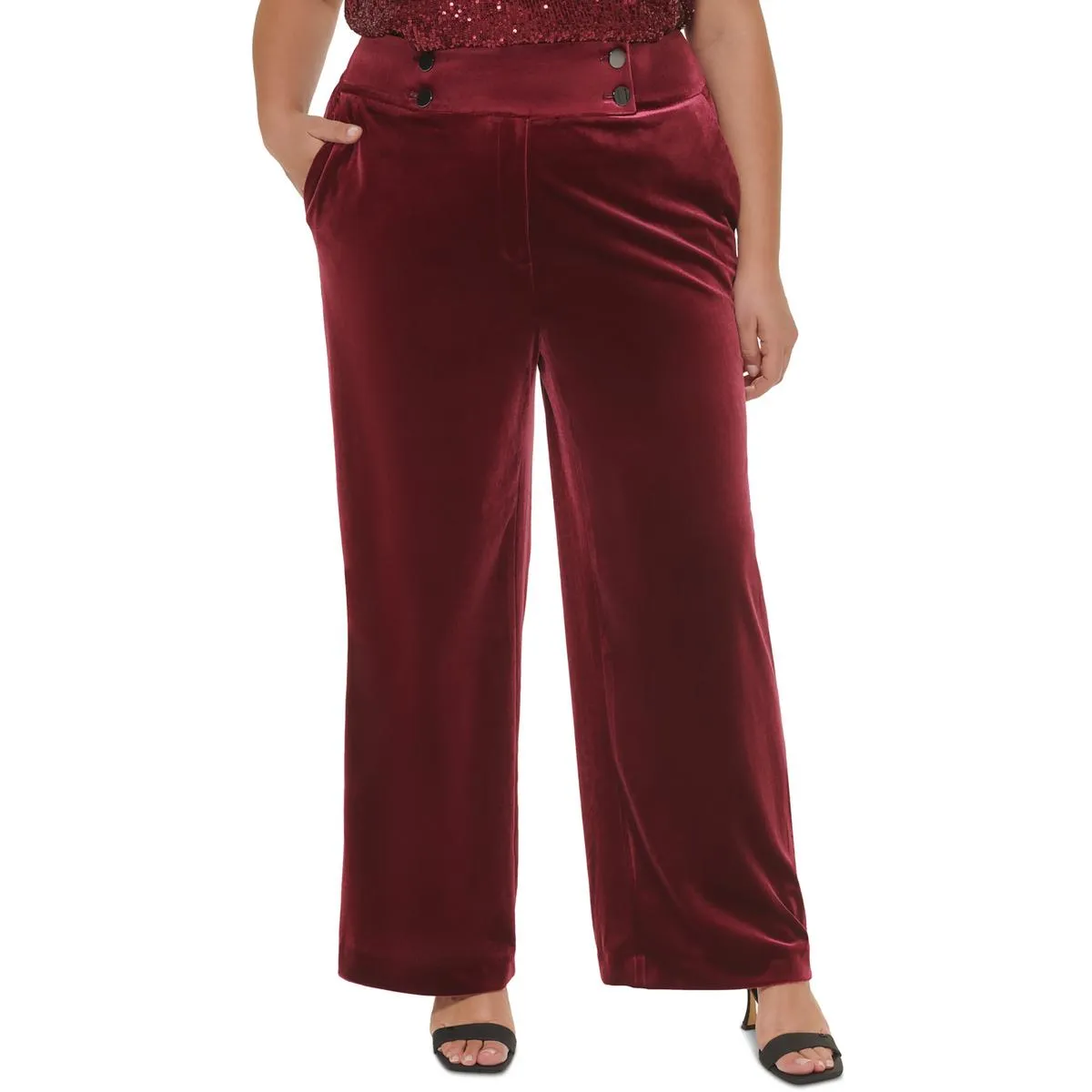 Plus Womens Velvet Pocket Wide Leg Pants