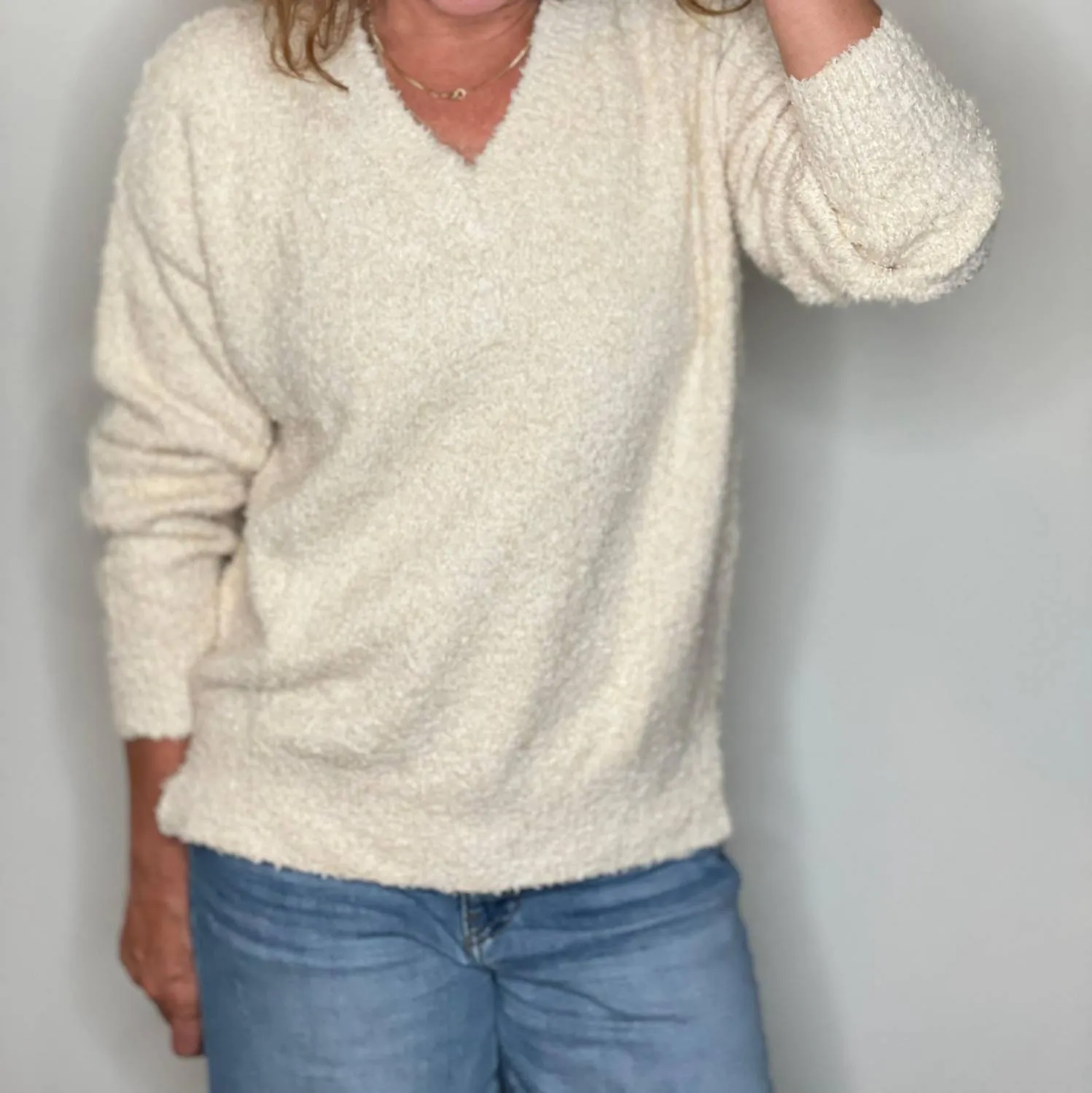 Plush V Neck Pullover Top In Angel Hair