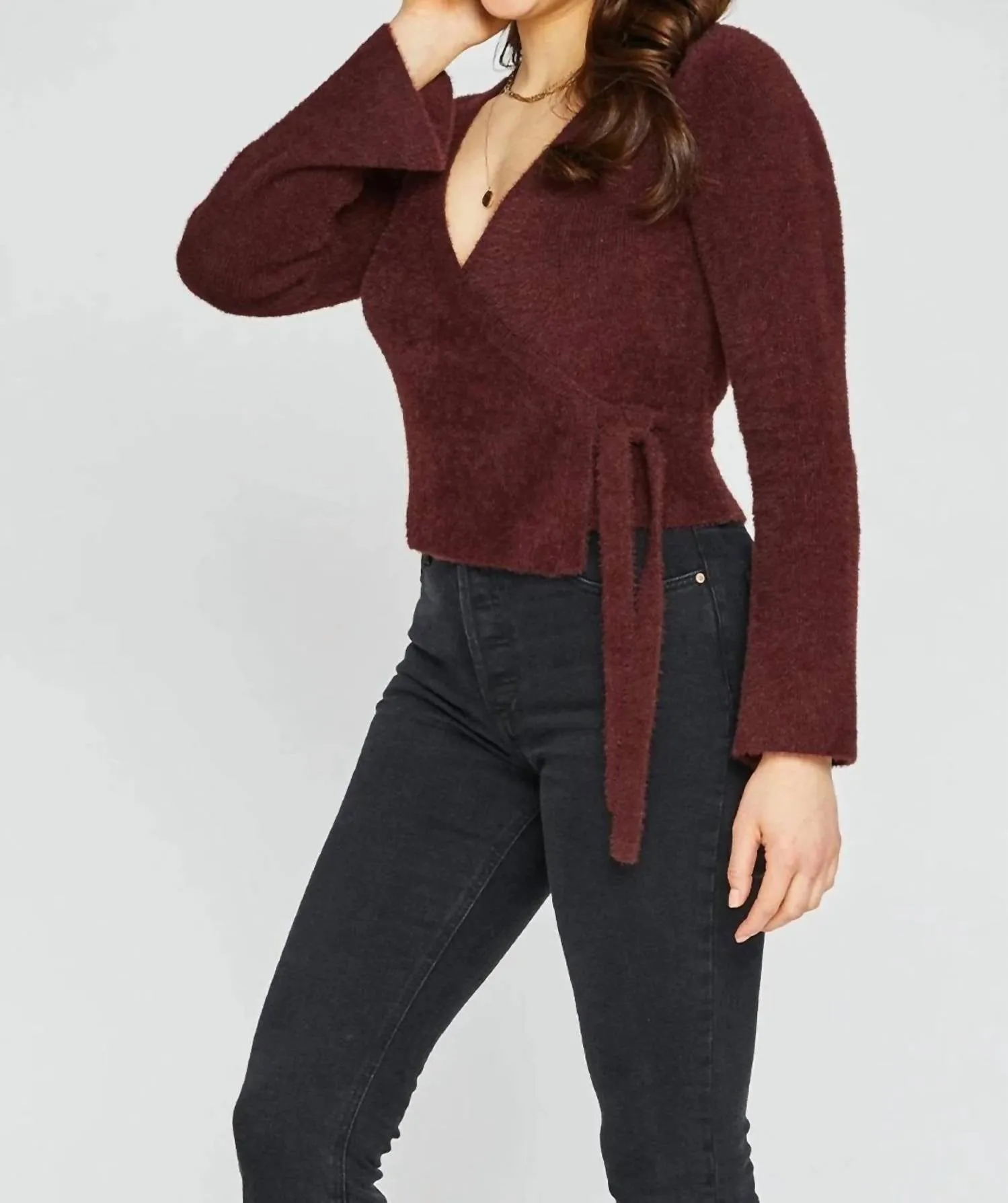 Plush Wrap Sweater In Rum