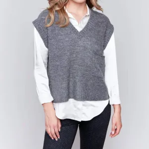 Plushy V-Neck Sweater Vest In Grey