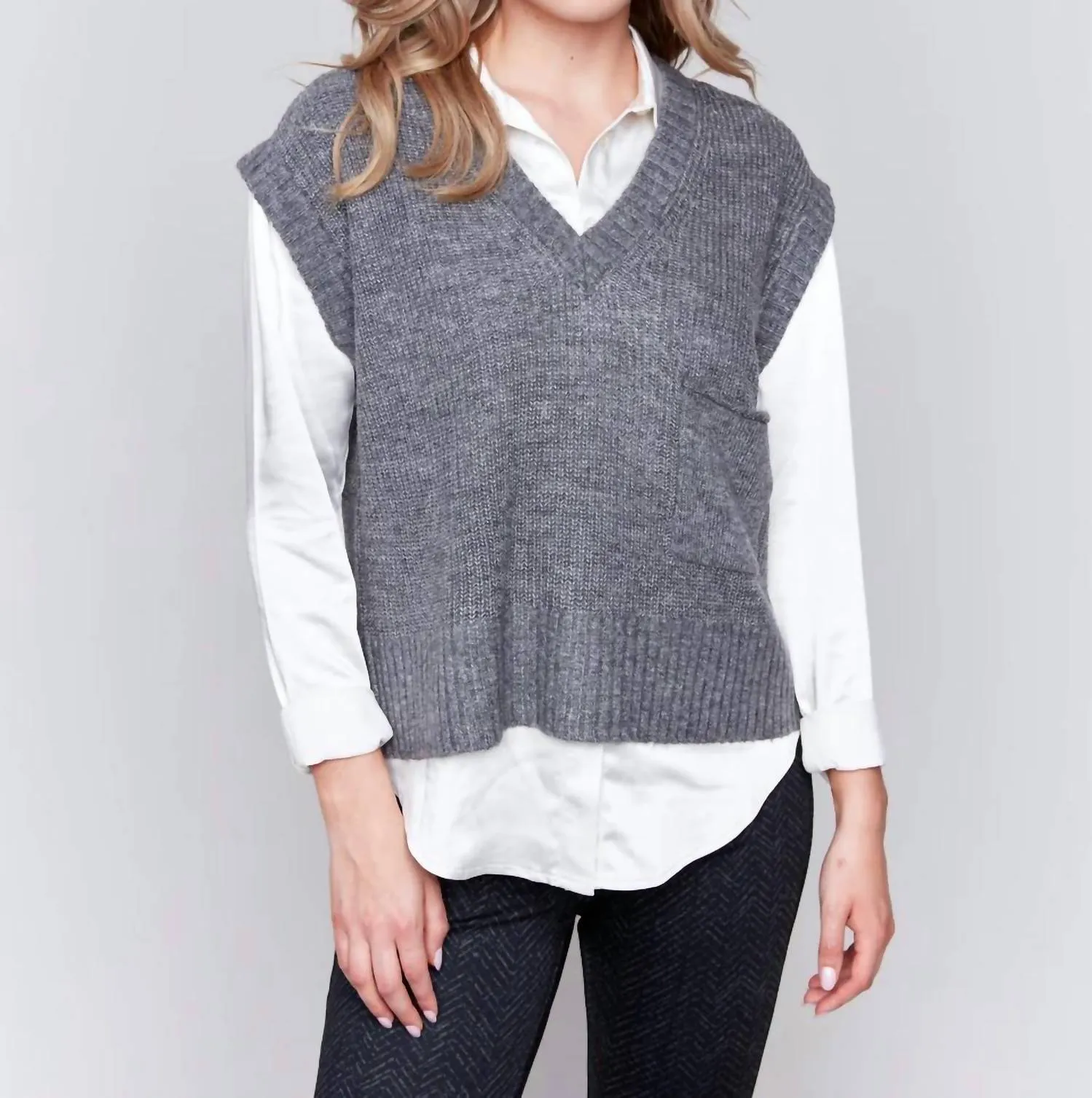 Plushy V-Neck Sweater Vest In Grey