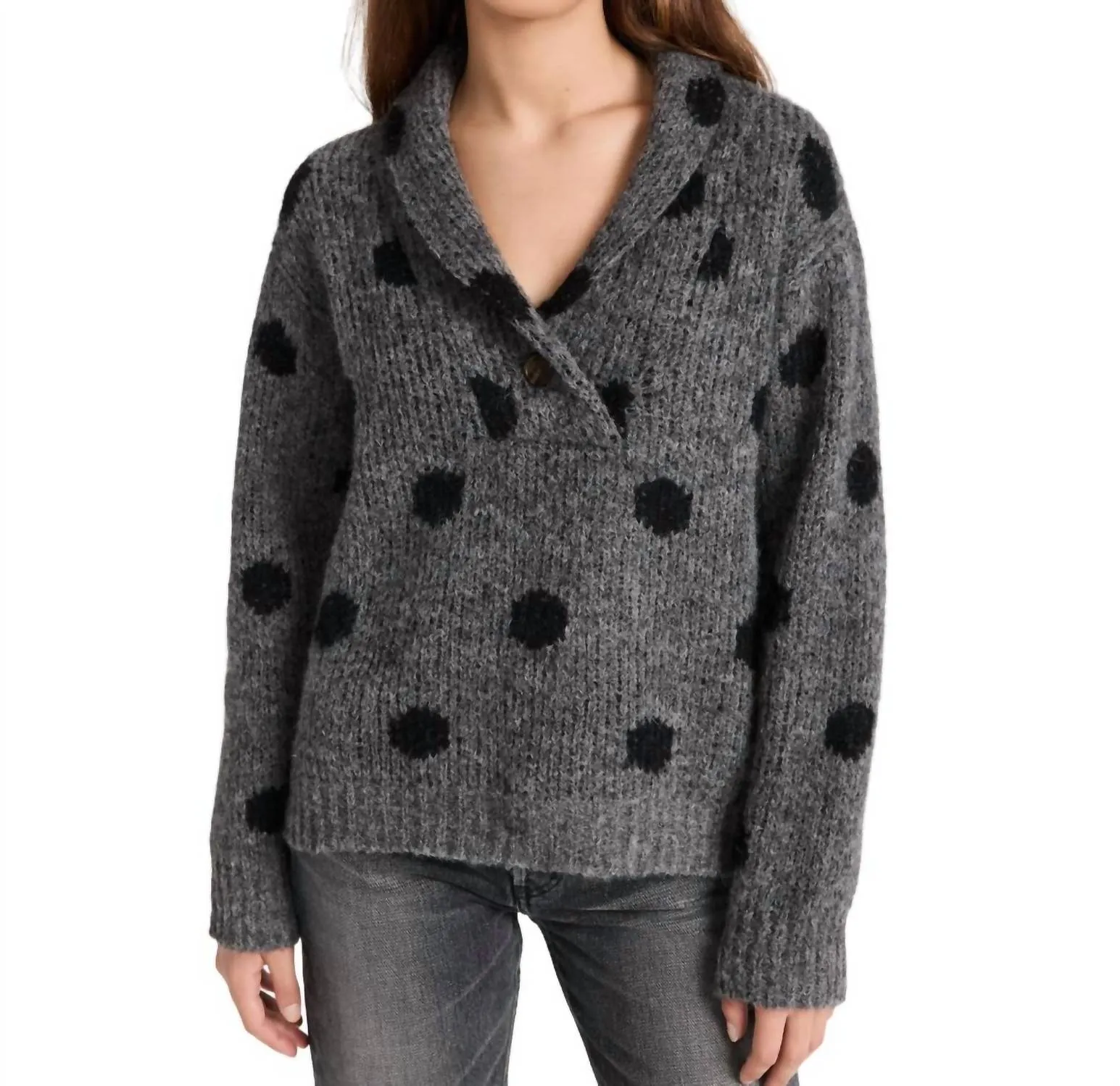 Polkadot Henley Pullover Sweater In Charcoal