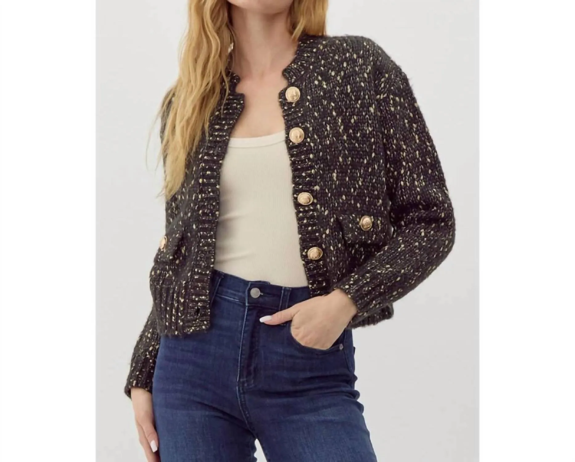 Preppy Knit Crop Cardigan In Black