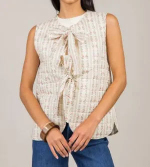 Printed Stripe Quilt Ribbon Tie Vest In Cream