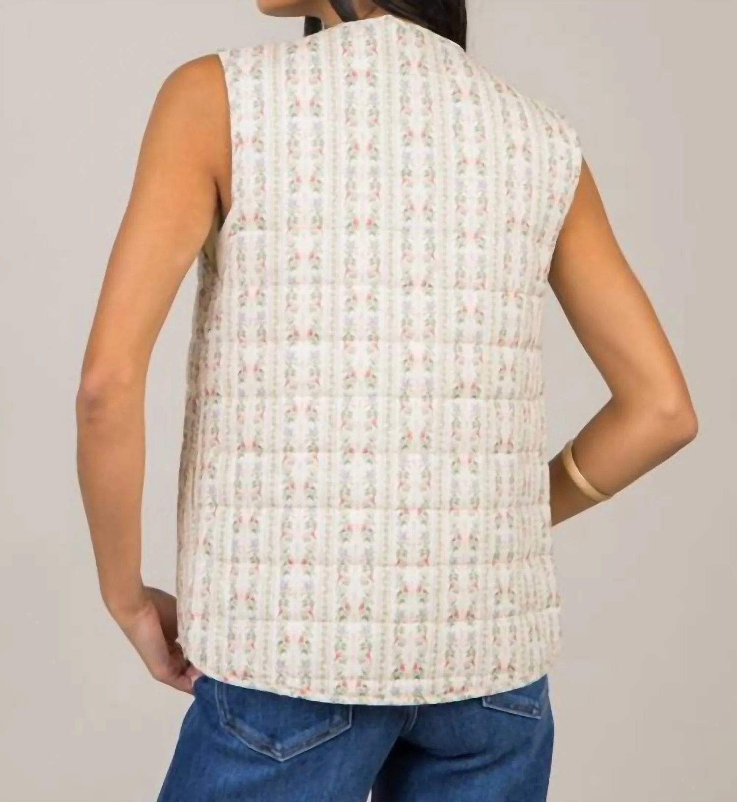 Printed Stripe Quilt Ribbon Tie Vest In Cream