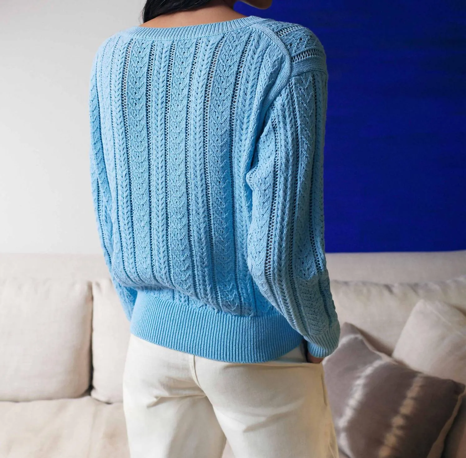Recycled Cotton Open Cable V-Neck Sweater In Sky Blue