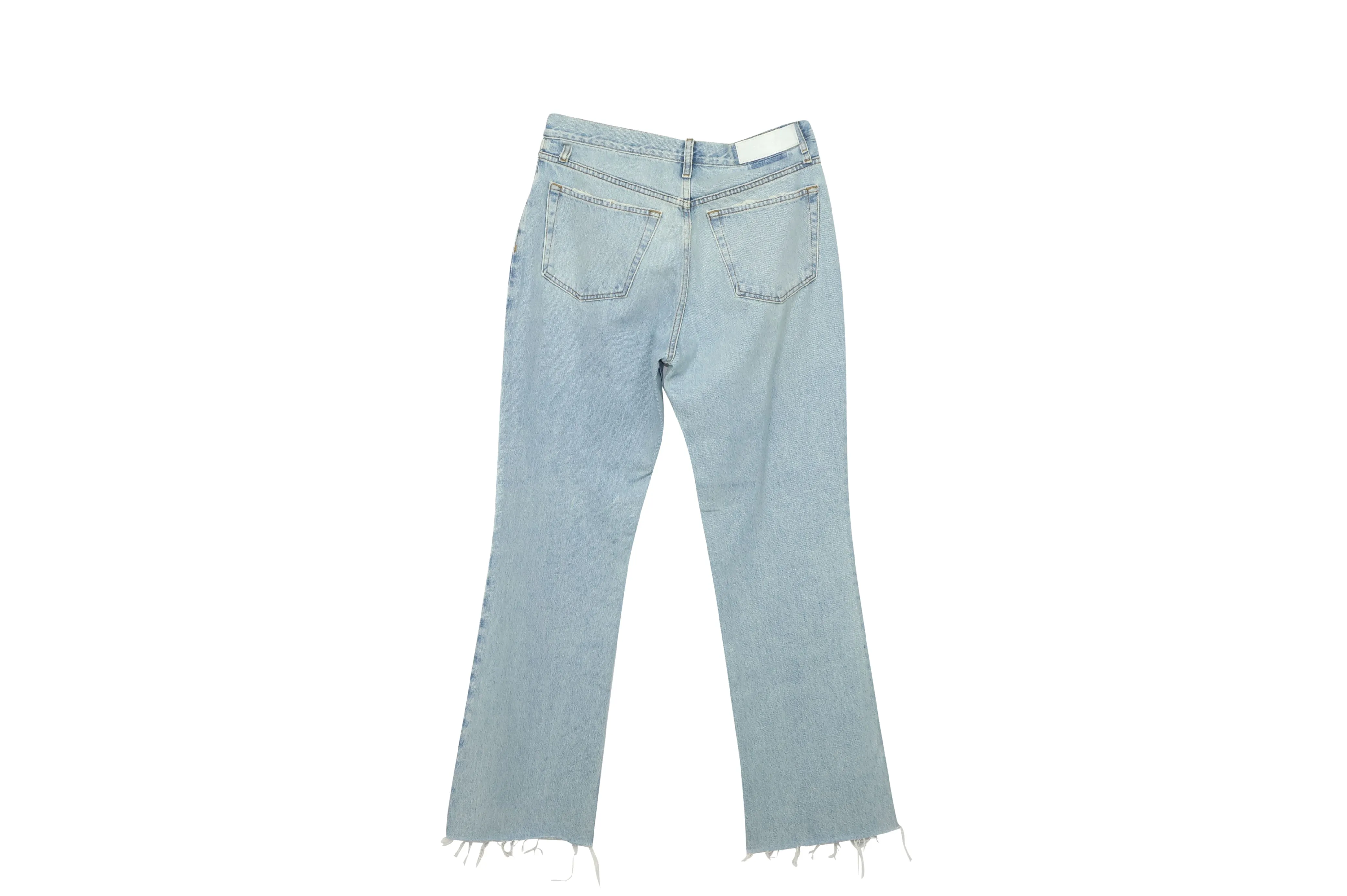 Re/Done Distressed Cropped Boyfriend Jeans in Blue Cotton Denim