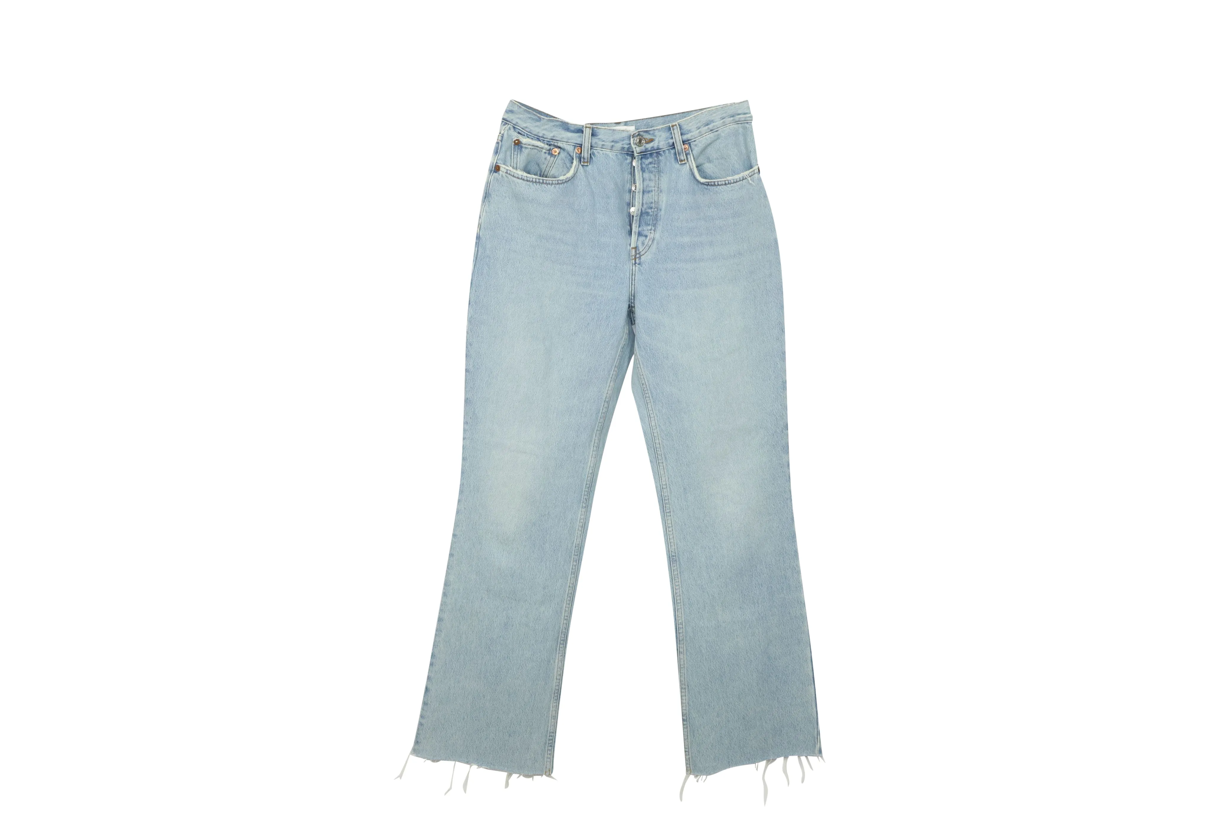 Re/Done Distressed Cropped Boyfriend Jeans in Blue Cotton Denim