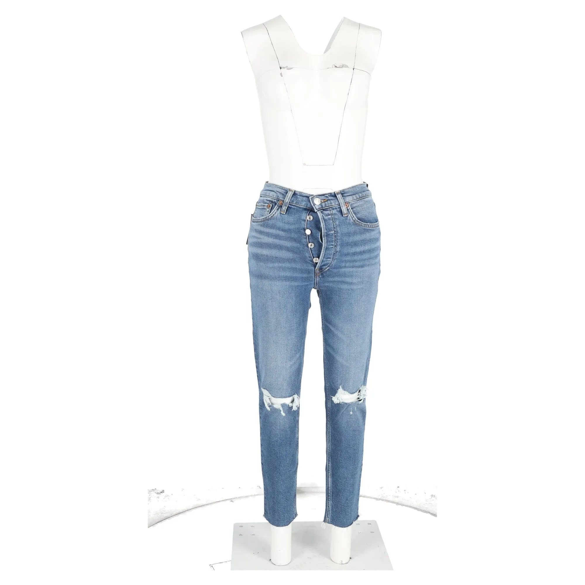 Re/Done Ripped Buttoned Slim-Fit Jeans in Blue Cotton Denim