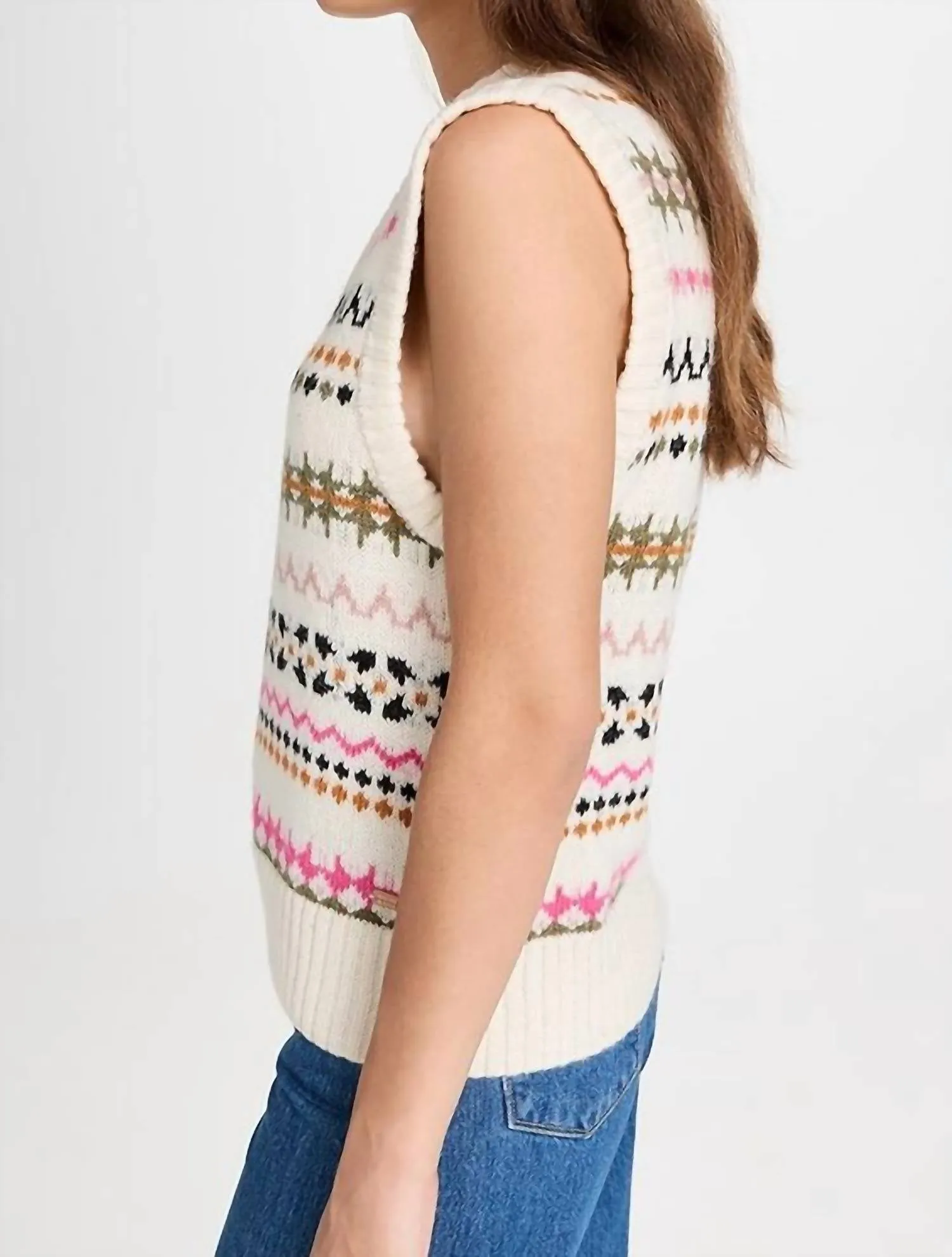 Relaxed Fit Fair Isle Knit V-Neck Vest In Antique White