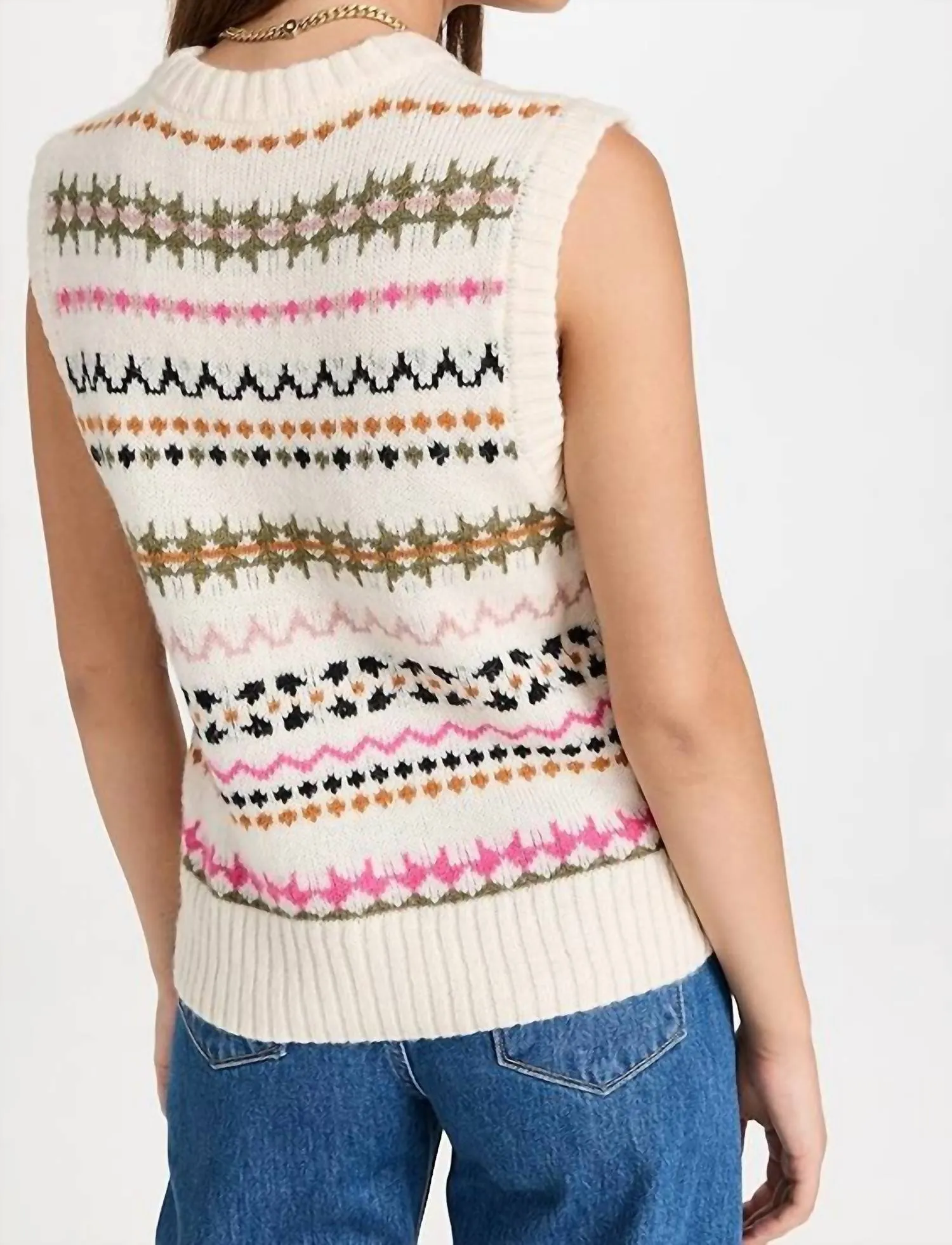 Relaxed Fit Fair Isle Knit V-Neck Vest In Antique White