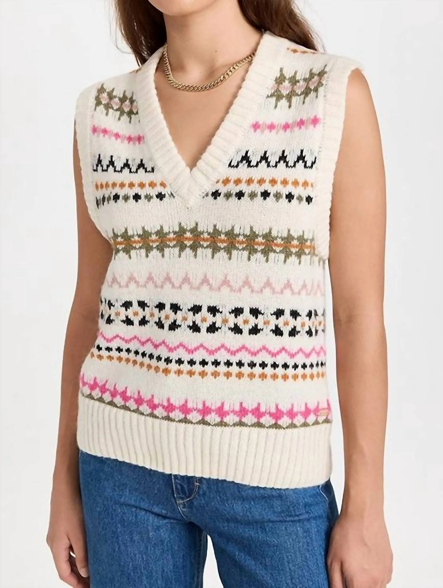 Relaxed Fit Fair Isle Knit V-Neck Vest In Antique White
