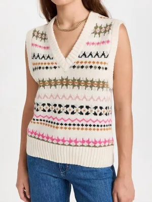 Relaxed Fit Fair Isle Knit V-Neck Vest In Antique White