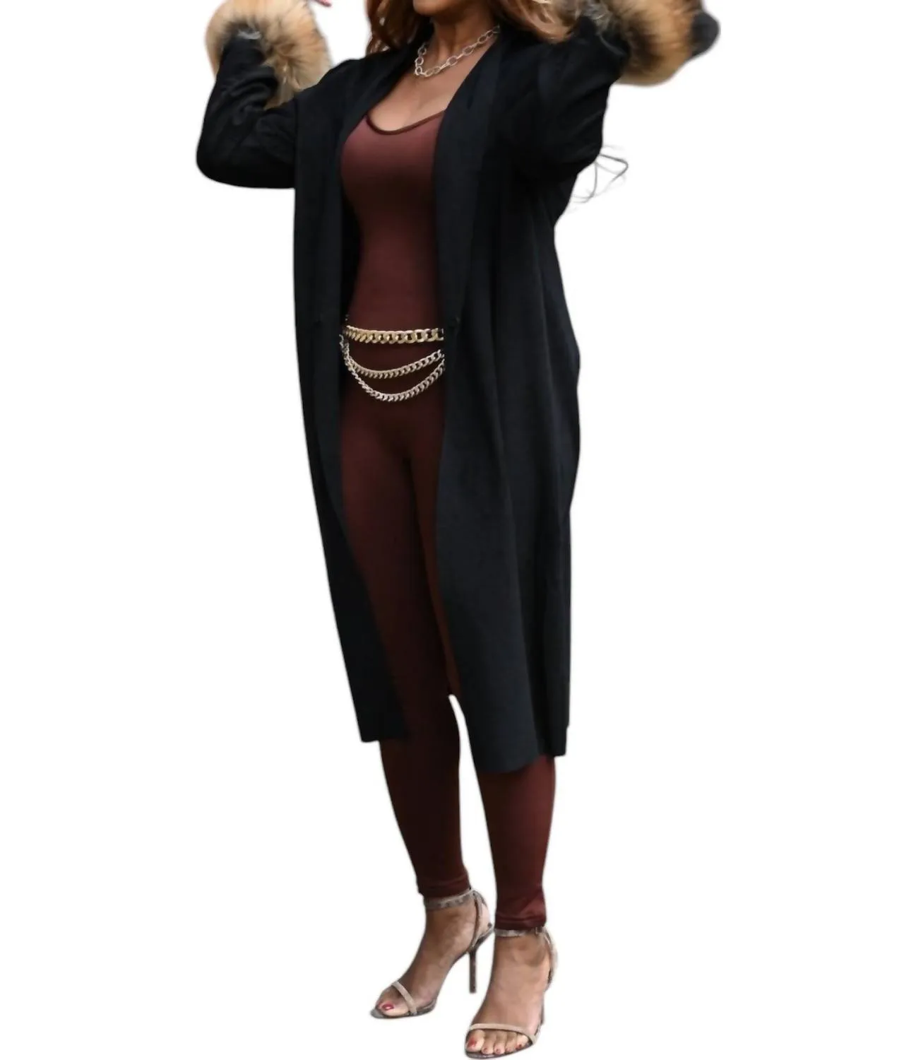 Remy Suede And Raccoon Cuff Duster In Black