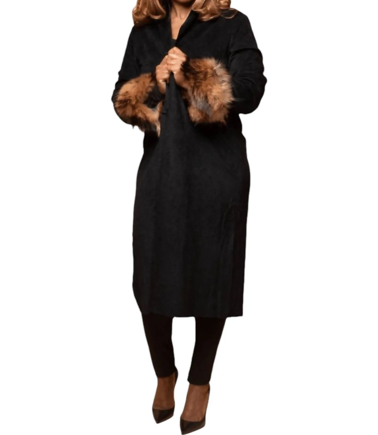 Remy Suede And Raccoon Cuff Duster In Black