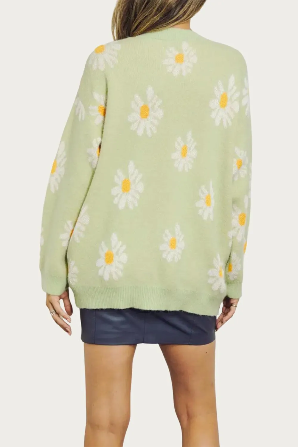 Retro Floral Knit Button-Front Cardigan In Lime