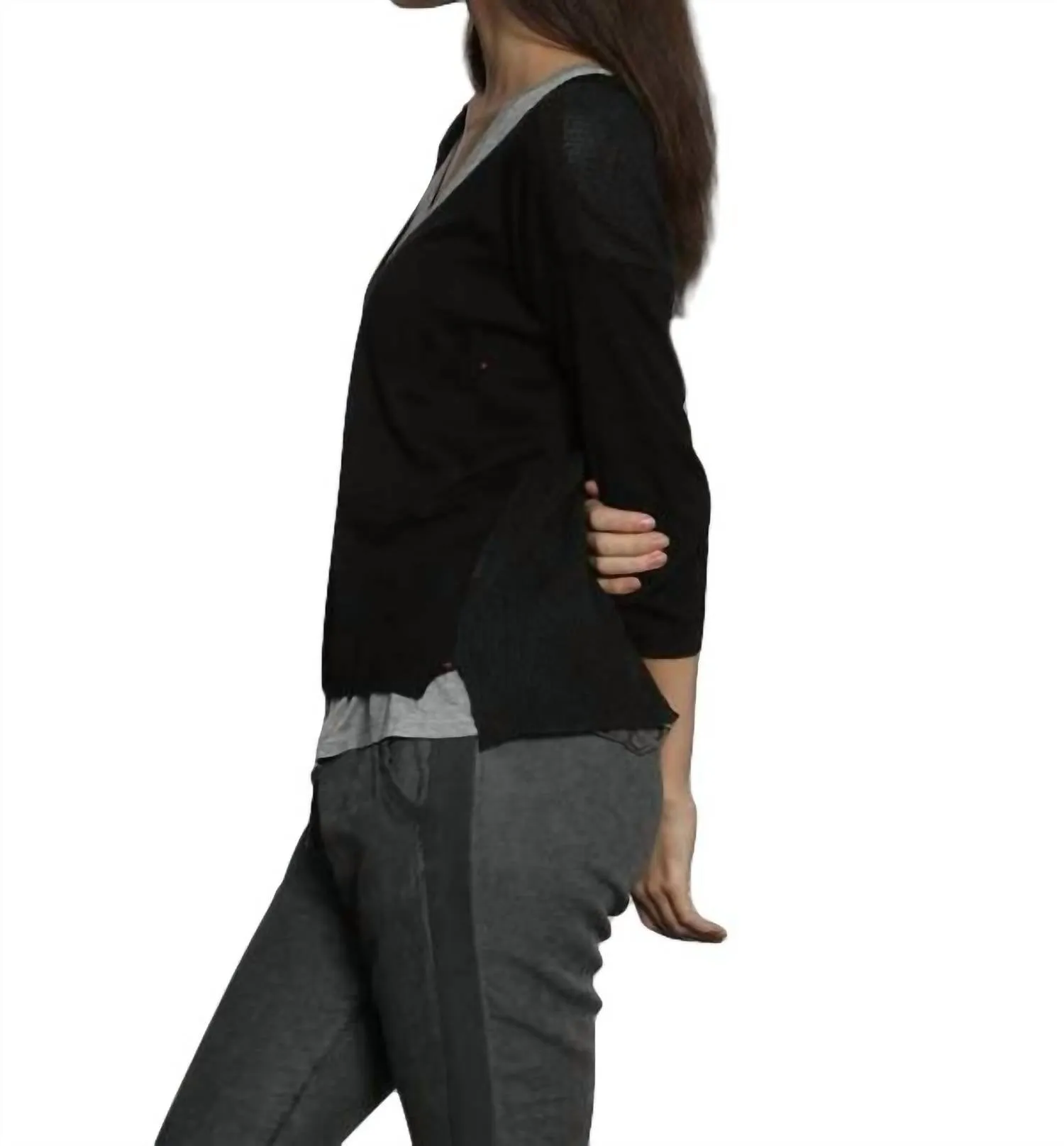Rib Back V Neck Pullover In Black/charcoal