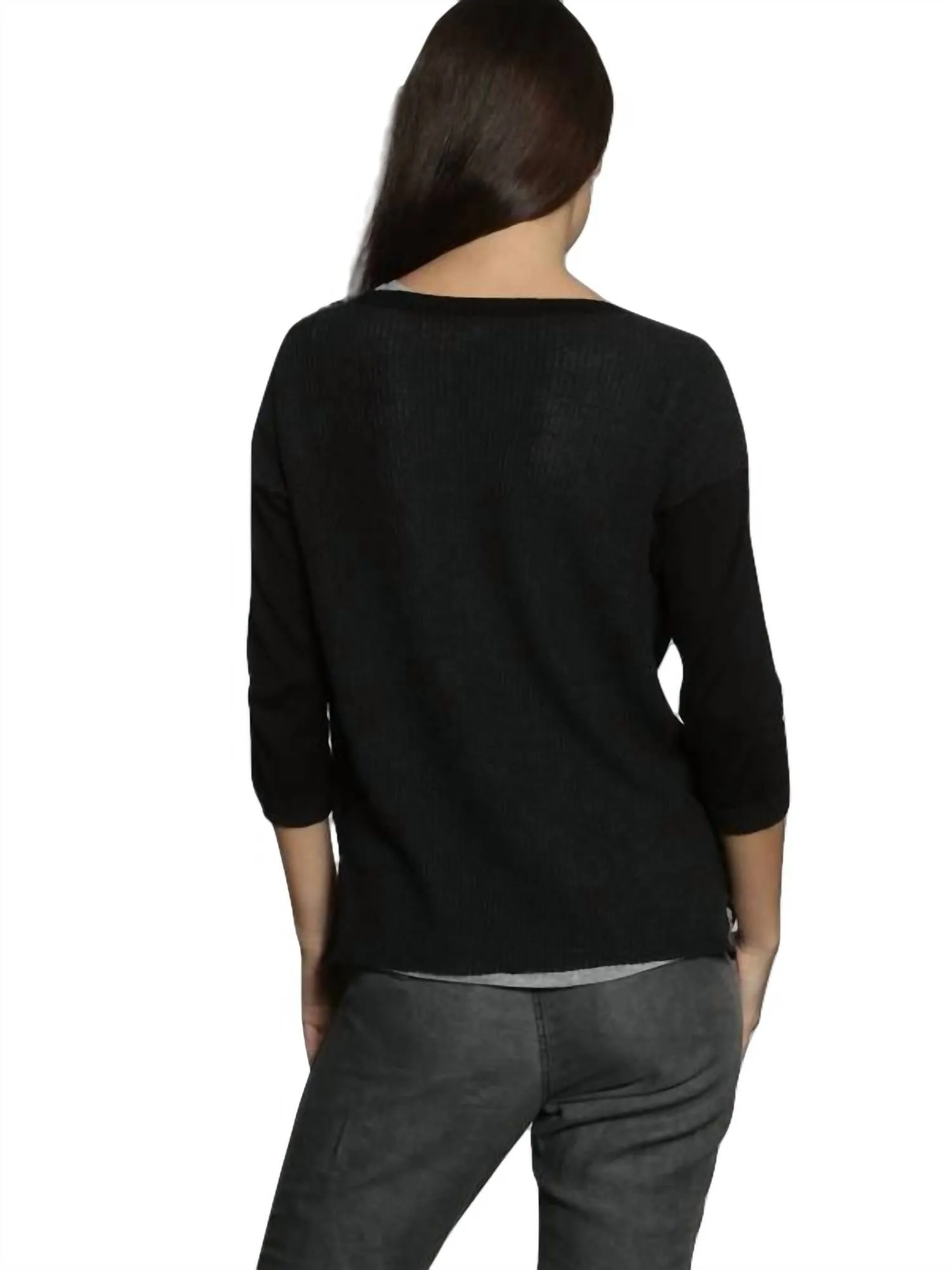 Rib Back V Neck Pullover In Black/charcoal