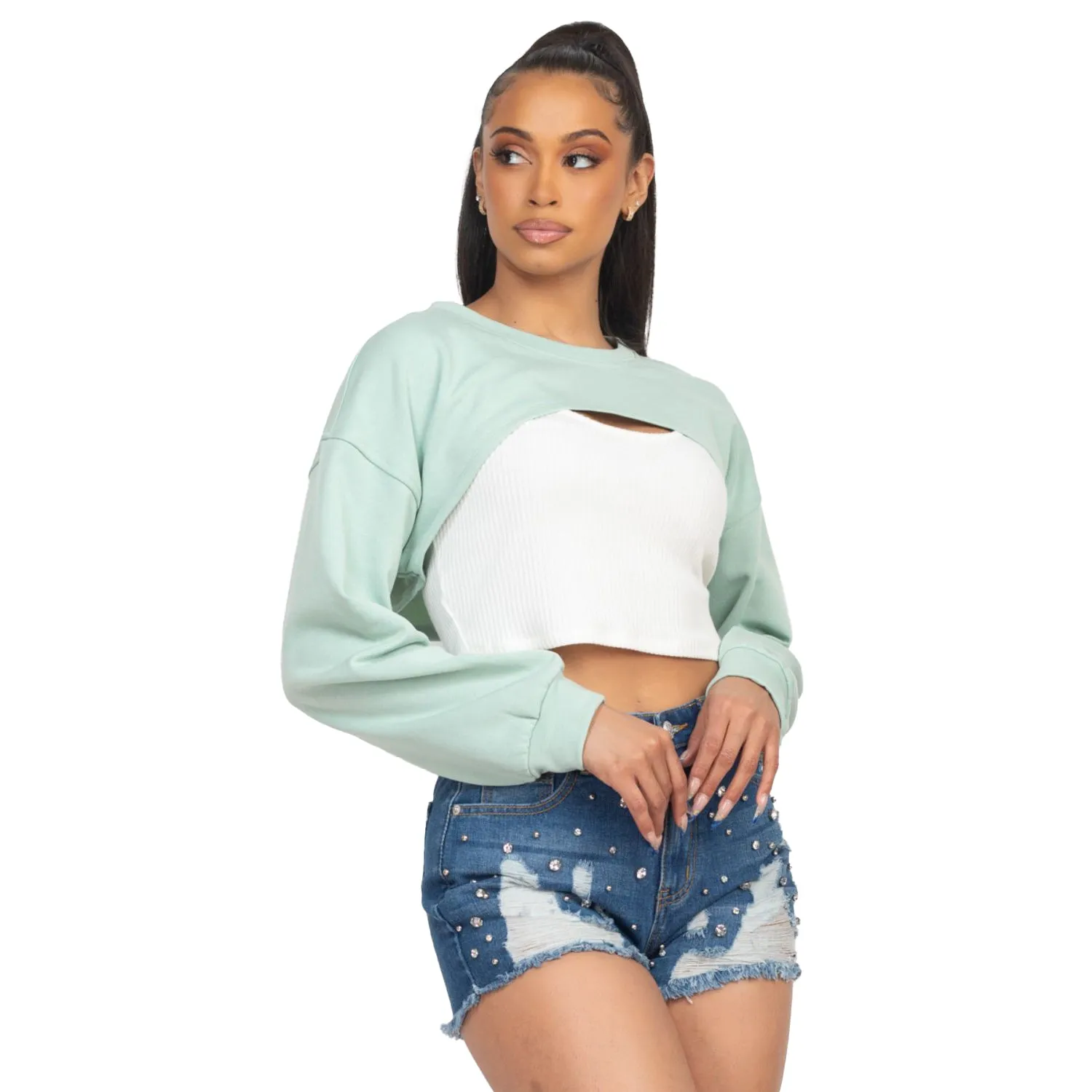 Ribbed Sleeveless Top With Shrug Sweater