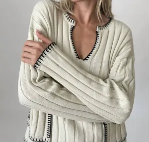 Ribbed Stitched Sweater In Cream