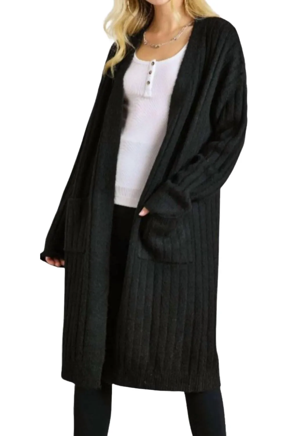 Ribbed Sweater Cardigan - Plus In Black