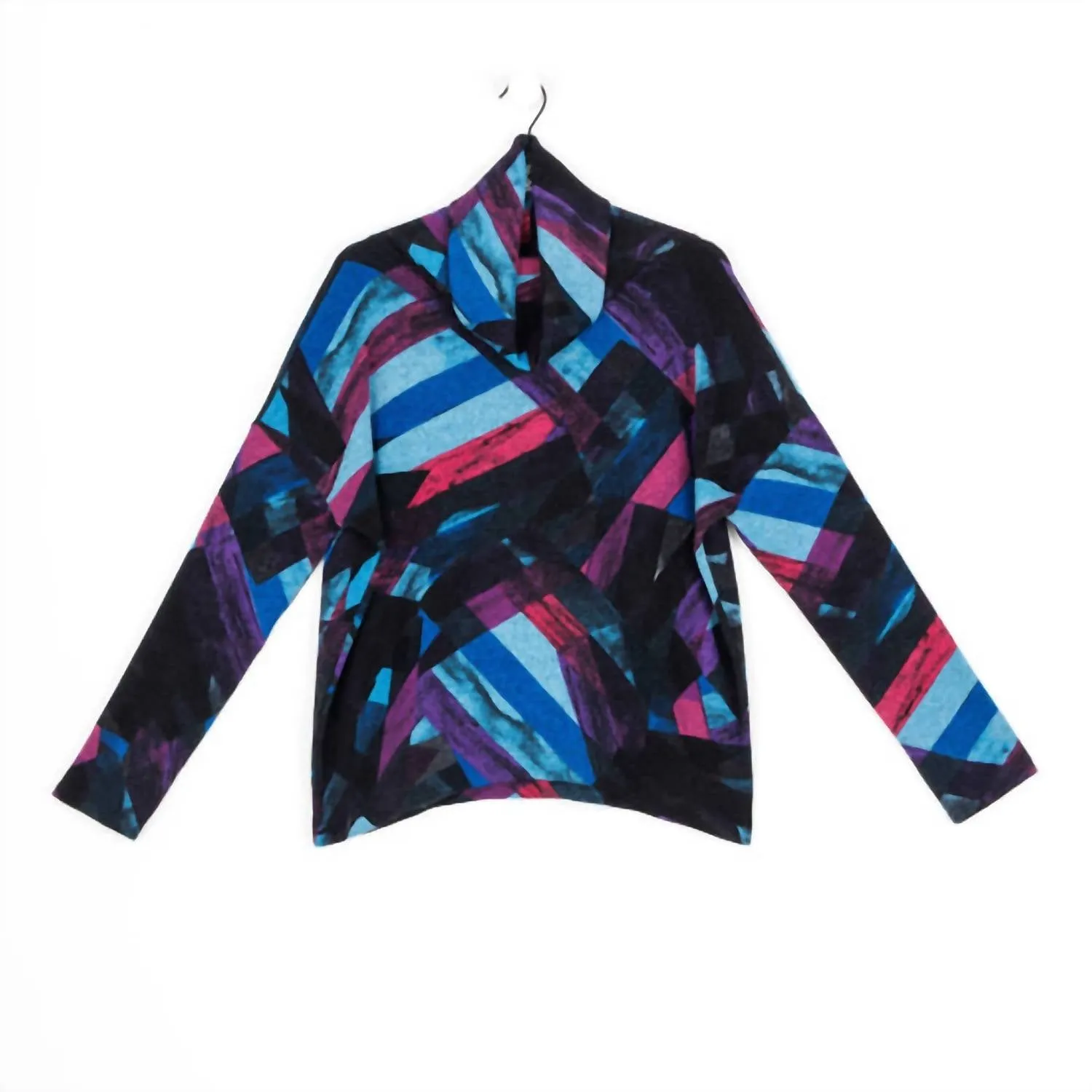 Ribbon Print Turtleneck Sweater W/tipped Hem In Turquoise Multi