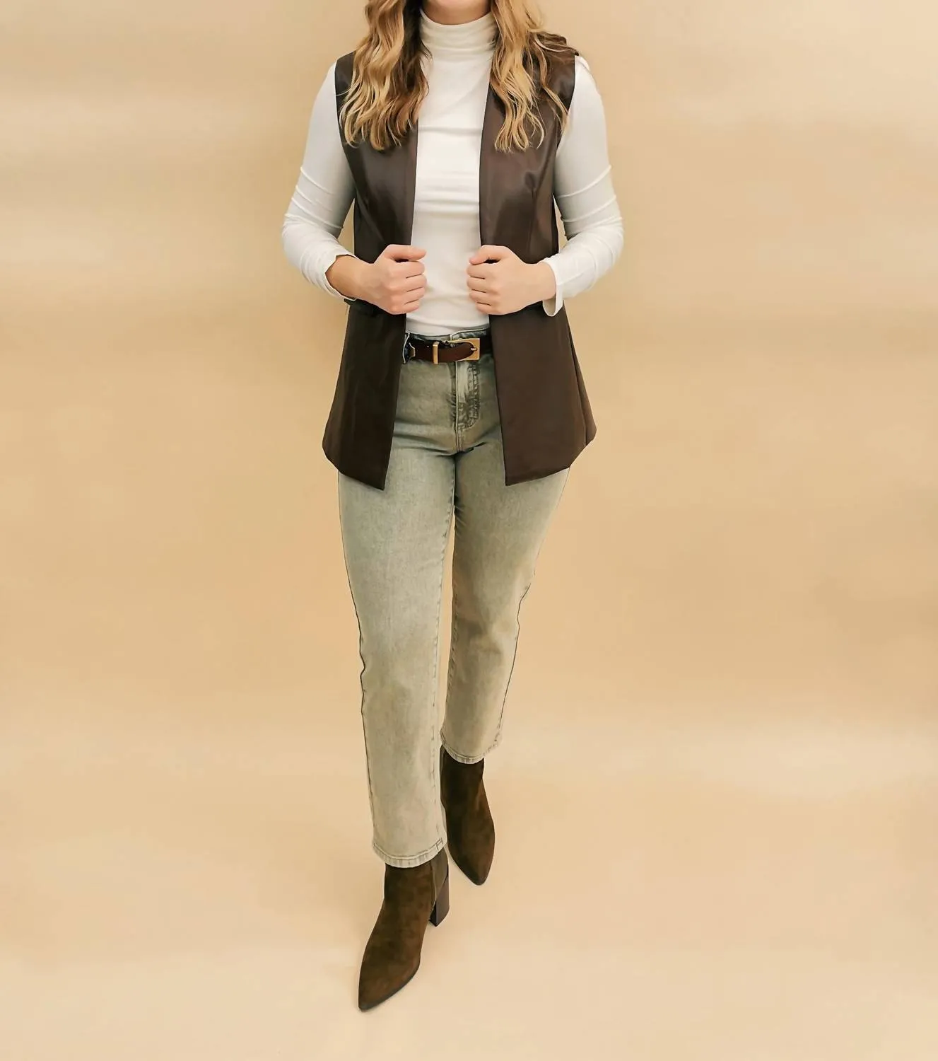 Ruby Pleather Vest In Brown