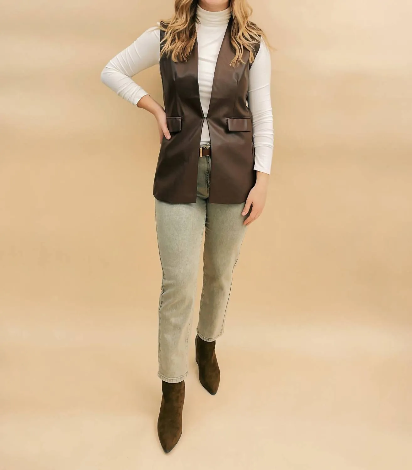 Ruby Pleather Vest In Brown