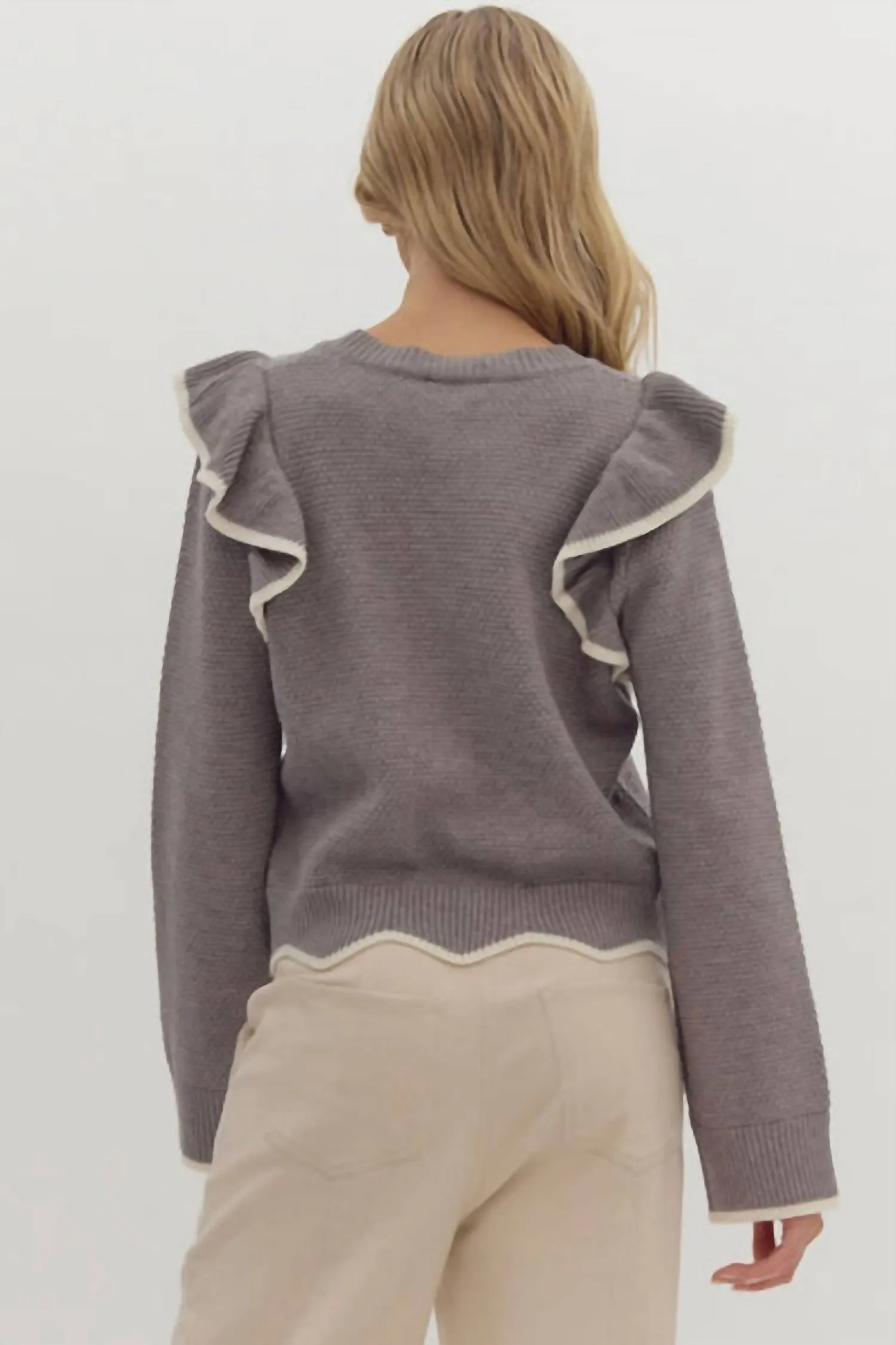 Ruffle Contrast Sweater In Grey